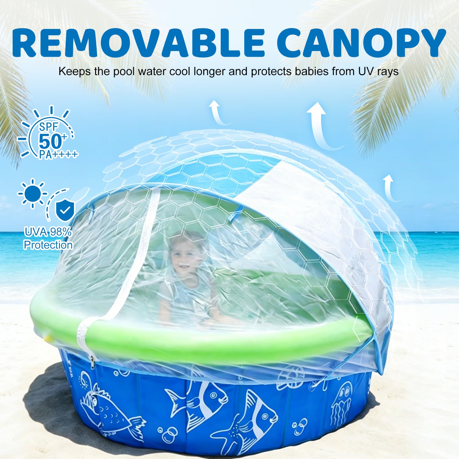 Planschbecken für Baby mit Dach, Strandmuschel Baby Planschbecken mit Sonnenschutz, Klappbarer Abnehmbares Kinderplanschbecke, Aufblasbar Babypool mit Wassersprühfür Strand, Urlaub, Camping (A)