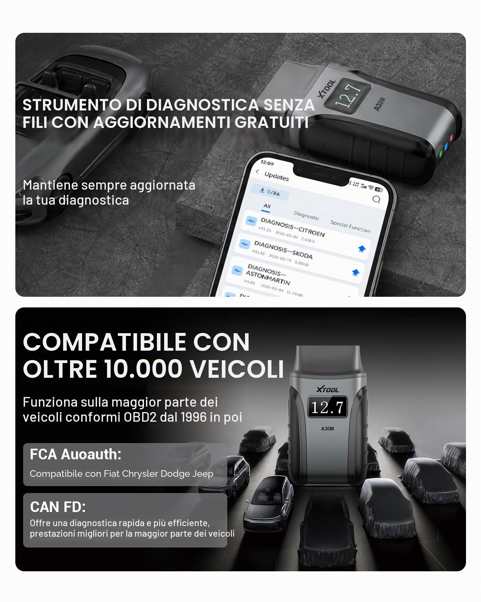 XTOOL Anyscan A30M Kit Scanner OBD2, Strumento Diagnostico Bluetooth OBD2 con Aggiornamenti Gratuiti, 26 Reset, Dati in Tempo Reale, Strumento Diagnostico Auto Bidirezionale per Tutti i Sistemi per