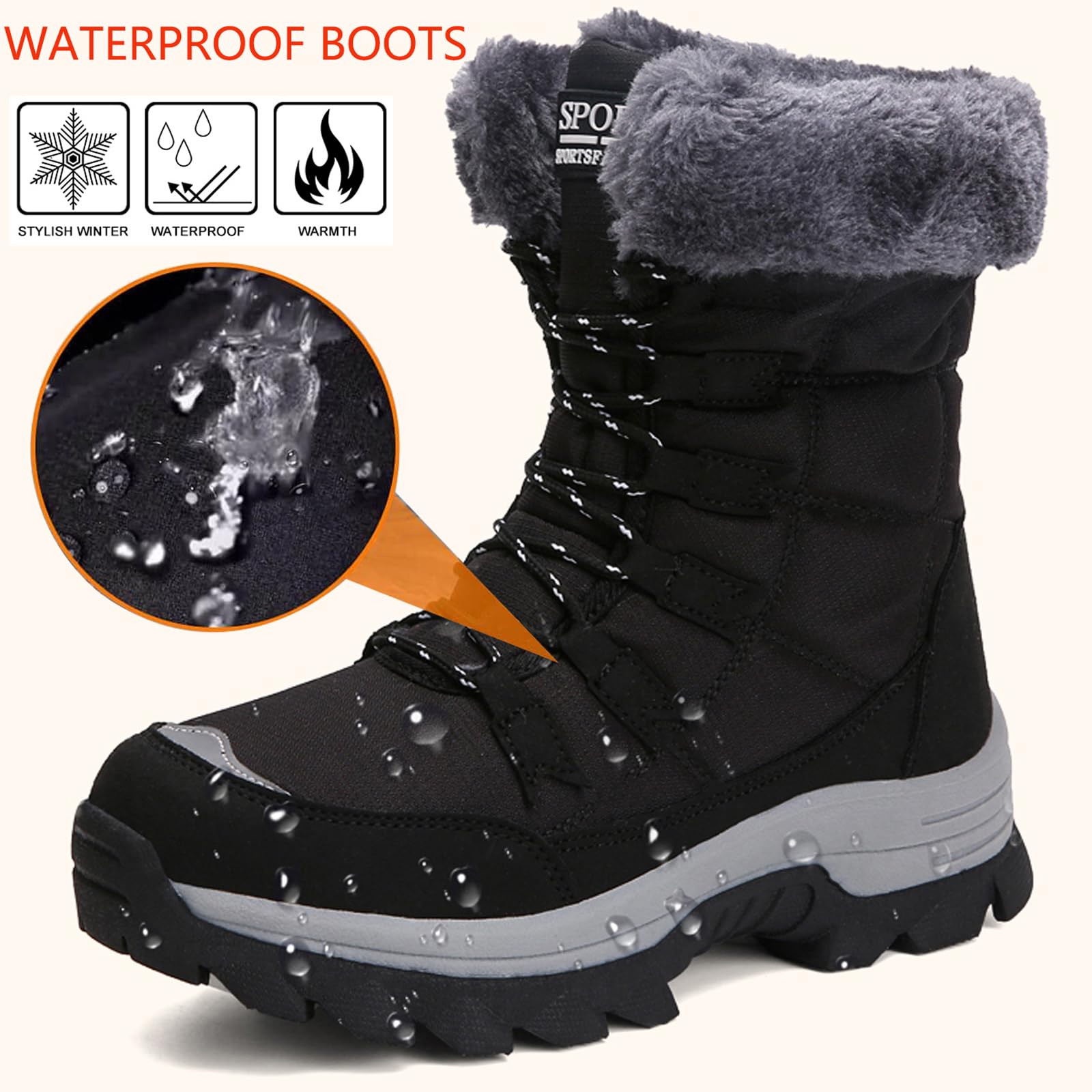 Bottes de Neige Femme Hiver Étanche Randonnée Chaussures Montantes Fourrure Taille 37-43