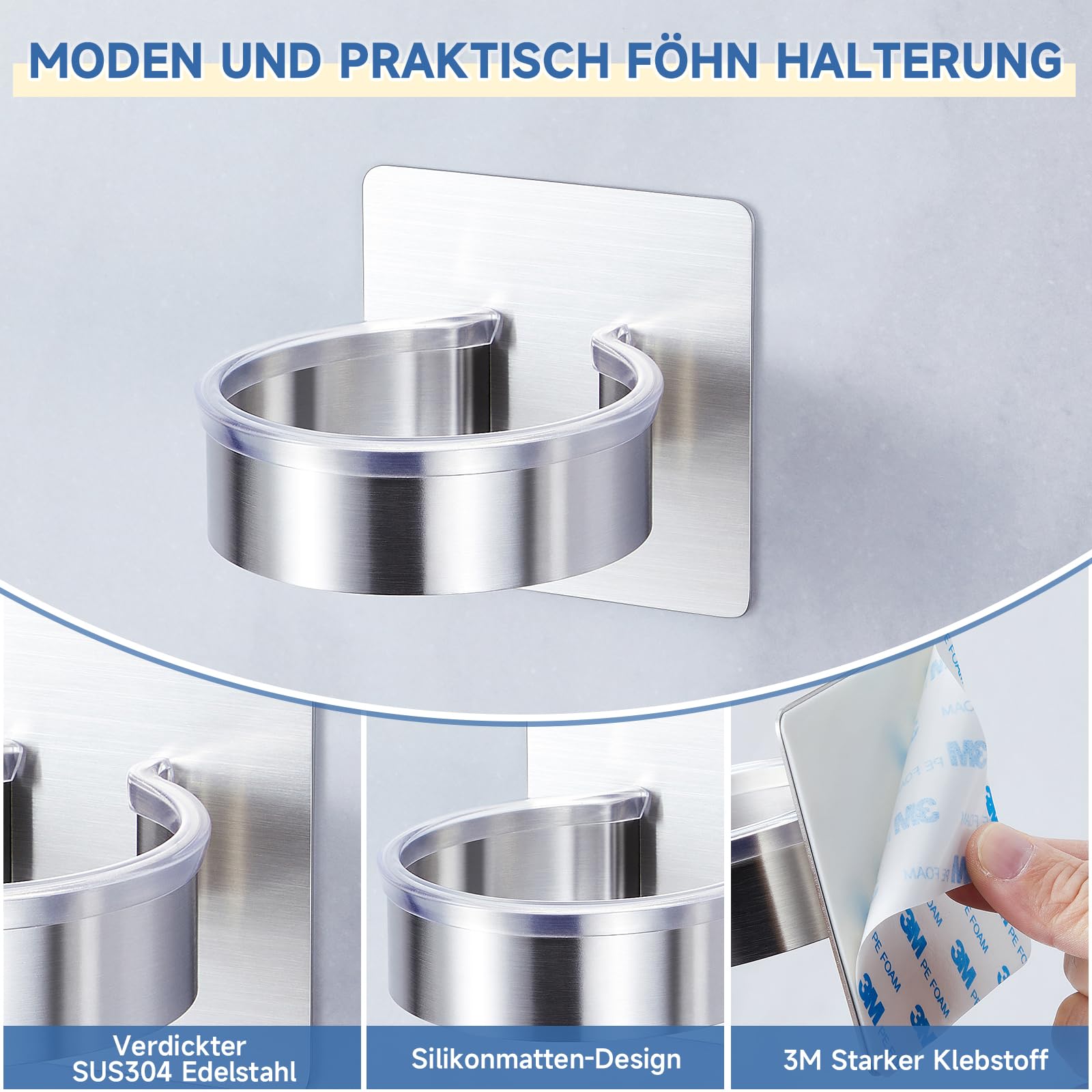Soporte secador de pelo de acero inoxidable, Porta secador de pelo sin taladro para baño