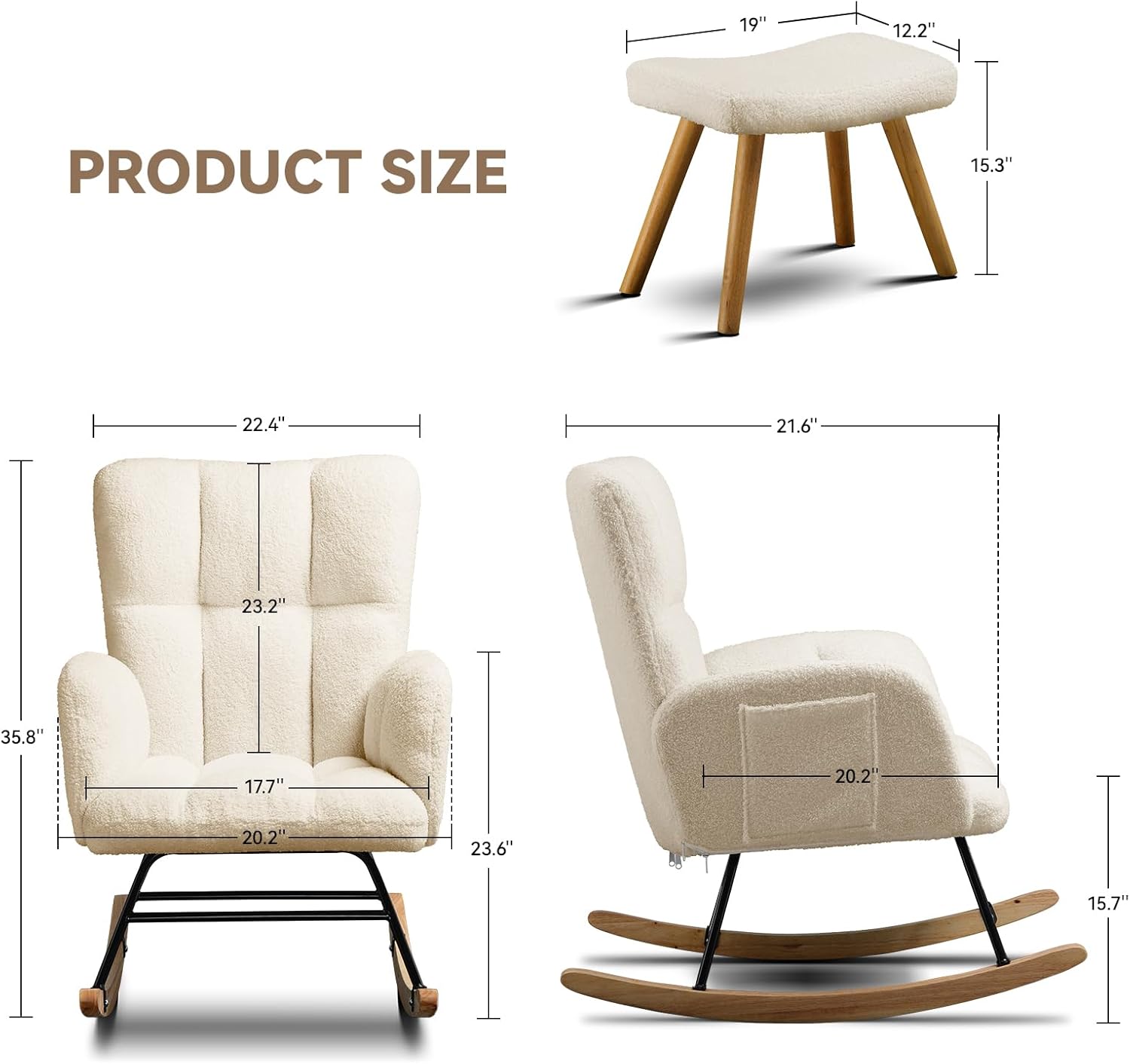 Nursery Rocking Chair, Boho Accent Ottoman, Teddy Upholstered