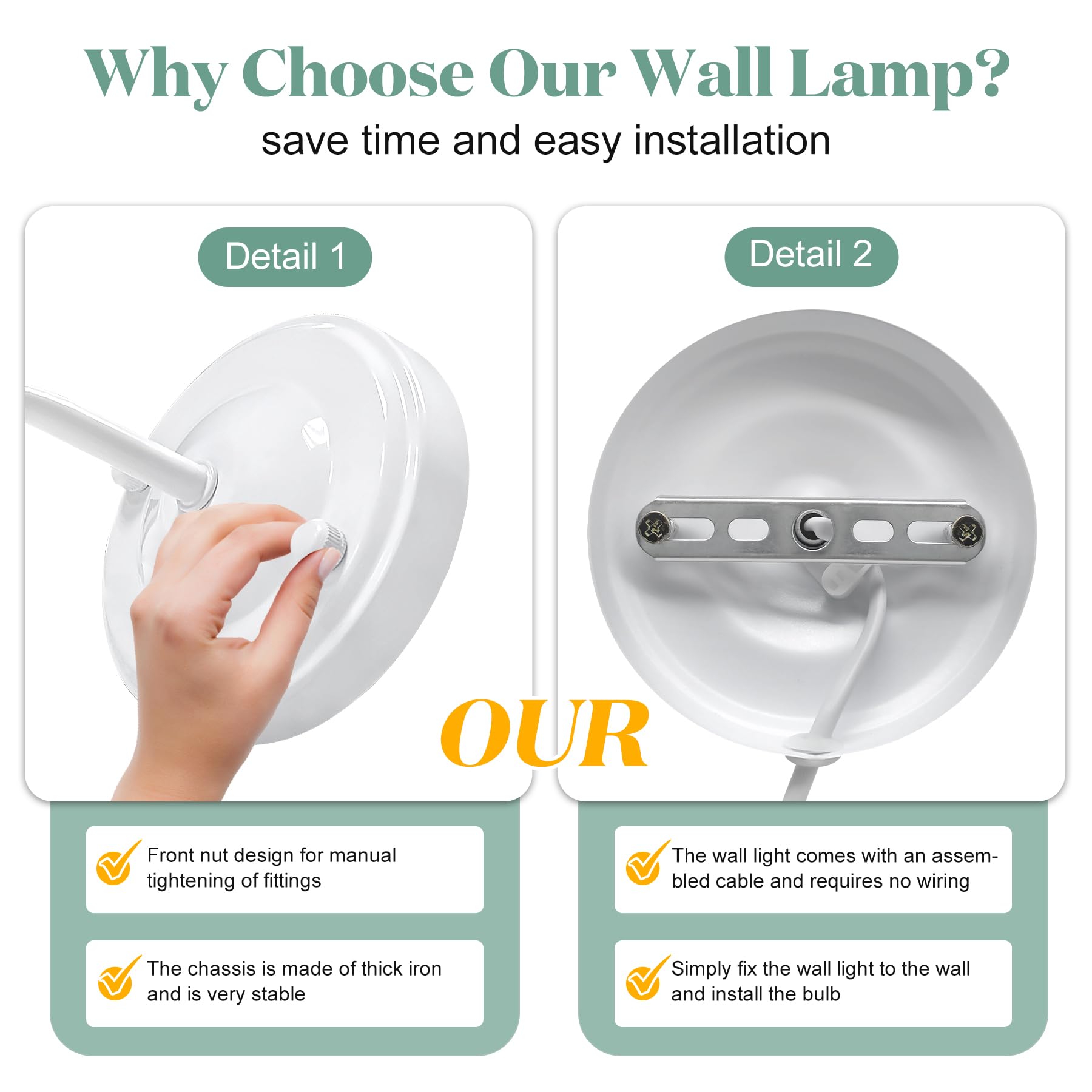 LQUNFYL 2 Pack Plug in Wall Lights for Bedroom with Switch and 180CM Cable, E27 Lamp Holder, Plug in Bedside Wall Light - Image 4