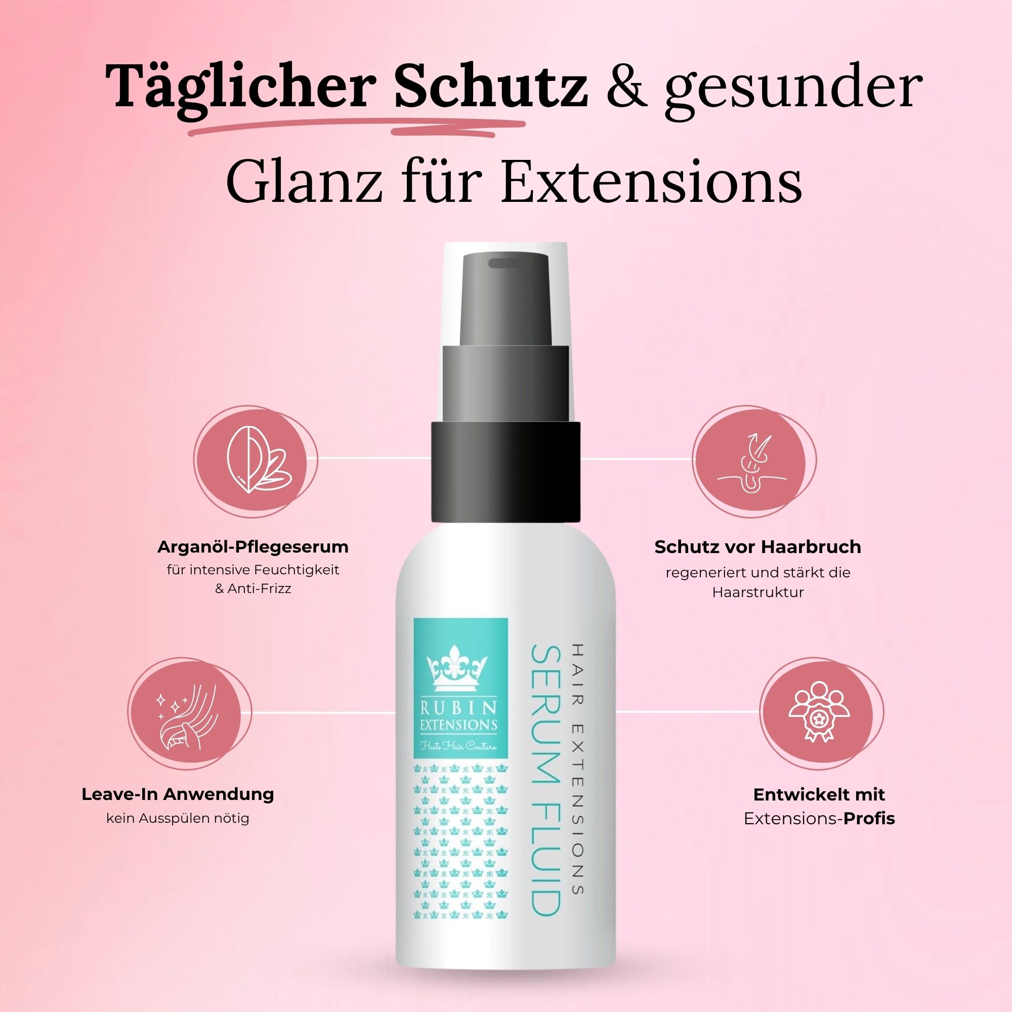 Rubin Extensions Komplett-Pflegeset – Conditioner 200 ml, Shampoo 250 ml, 2‑Phasen Spray 200 ml & Haarserum 50 ml – Extensions Pflege für Haarverlängerungen, Echthaar & Perücken – Sulfatfrei, Keratin