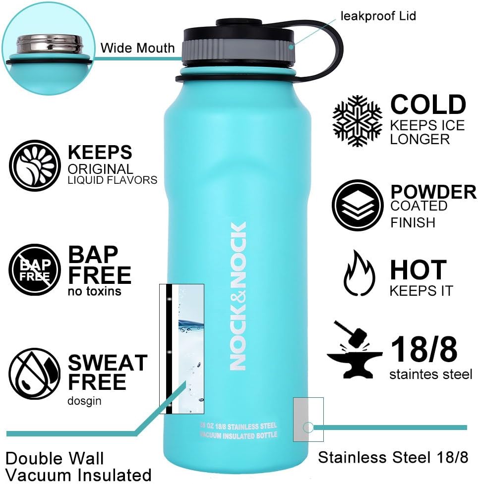 NOCK&NOCK 38oz Water Bottle - Cold 24 Hours Hot 12 Hours.Vacuum Insulated Stainless Steel Double Wall Flask With Wide Drinking Mouth&Hydro Sports Lid