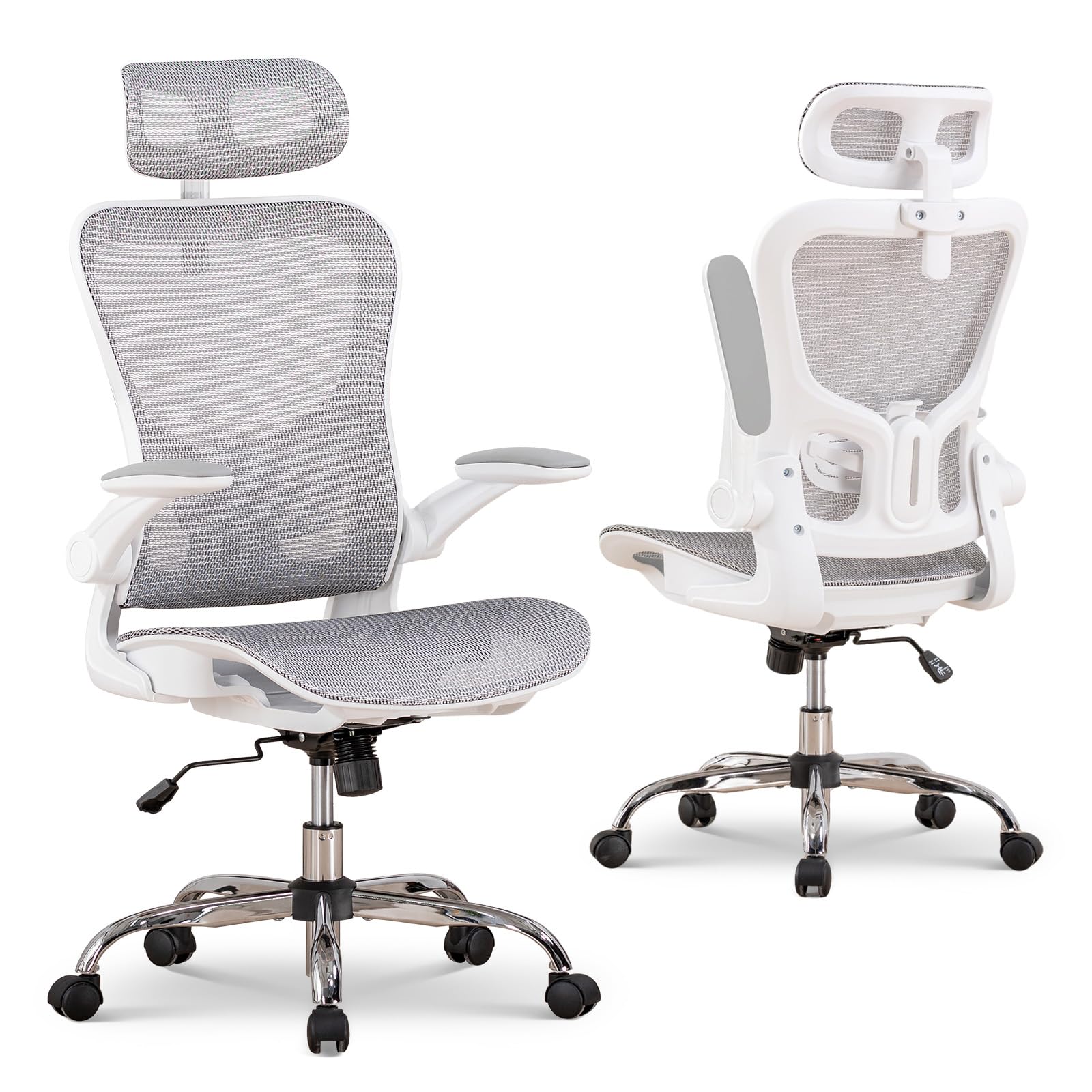 GTPLAYER Bürostuhl Ergonomisch, Schreibtischstuhl mit Verstellbarer Kopfstütze, Armlehnen, Lendenwirbelstütze, Büro Stuhl & Gaming Stuhl Wippfunktion, Chefsessel aus Mesh, 150kg(Weiß)