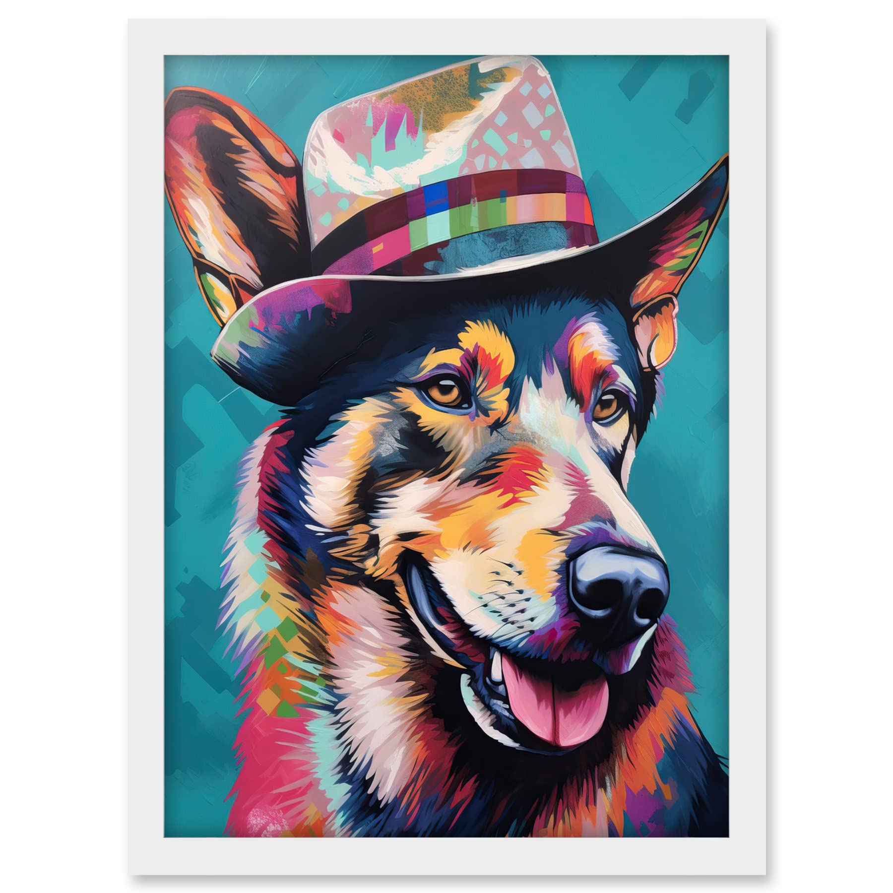 Artery8 German Shepherd with Fedora Hat Vibrant Portrait Artwork Framed A3 Wall Art Print