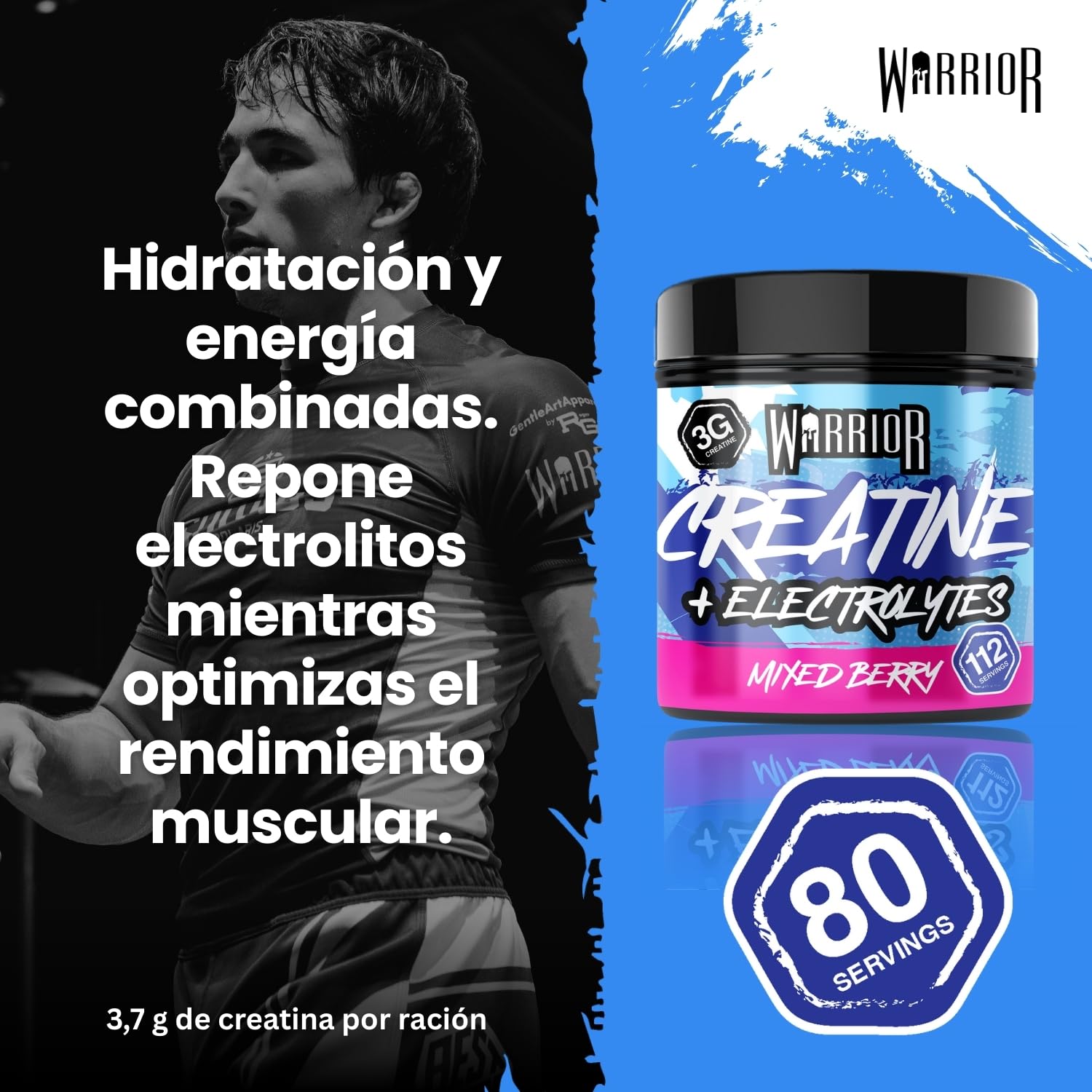 Warrior Creatine Monohydrate Plus Electrolytes Powder 360 g - Bebida de hidratación y rendimiento - Batido nutricional para promover el crecimiento muscular - 80 raciones (Mezcla de frutos rojos)