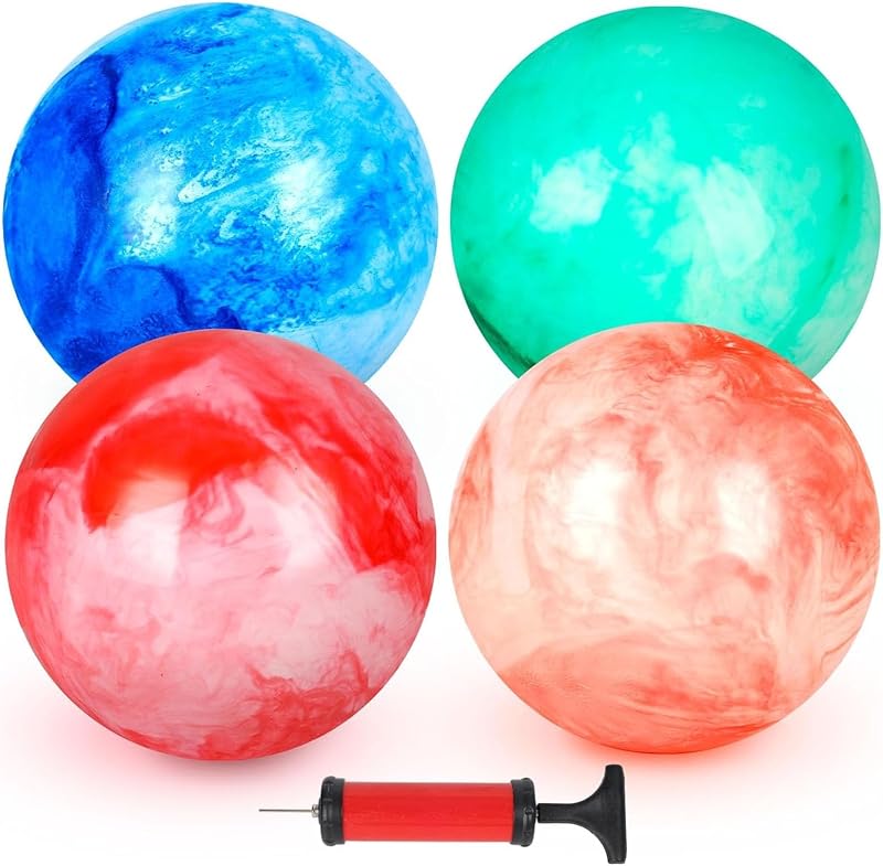 4 PCS Playground Balls, 8.7 Inch | Marbleized Bouncy Balls, Dodgeballs Kickball with Air Pump, Indoor Outdoor Backyard Sport Games, Beach Party Gifts