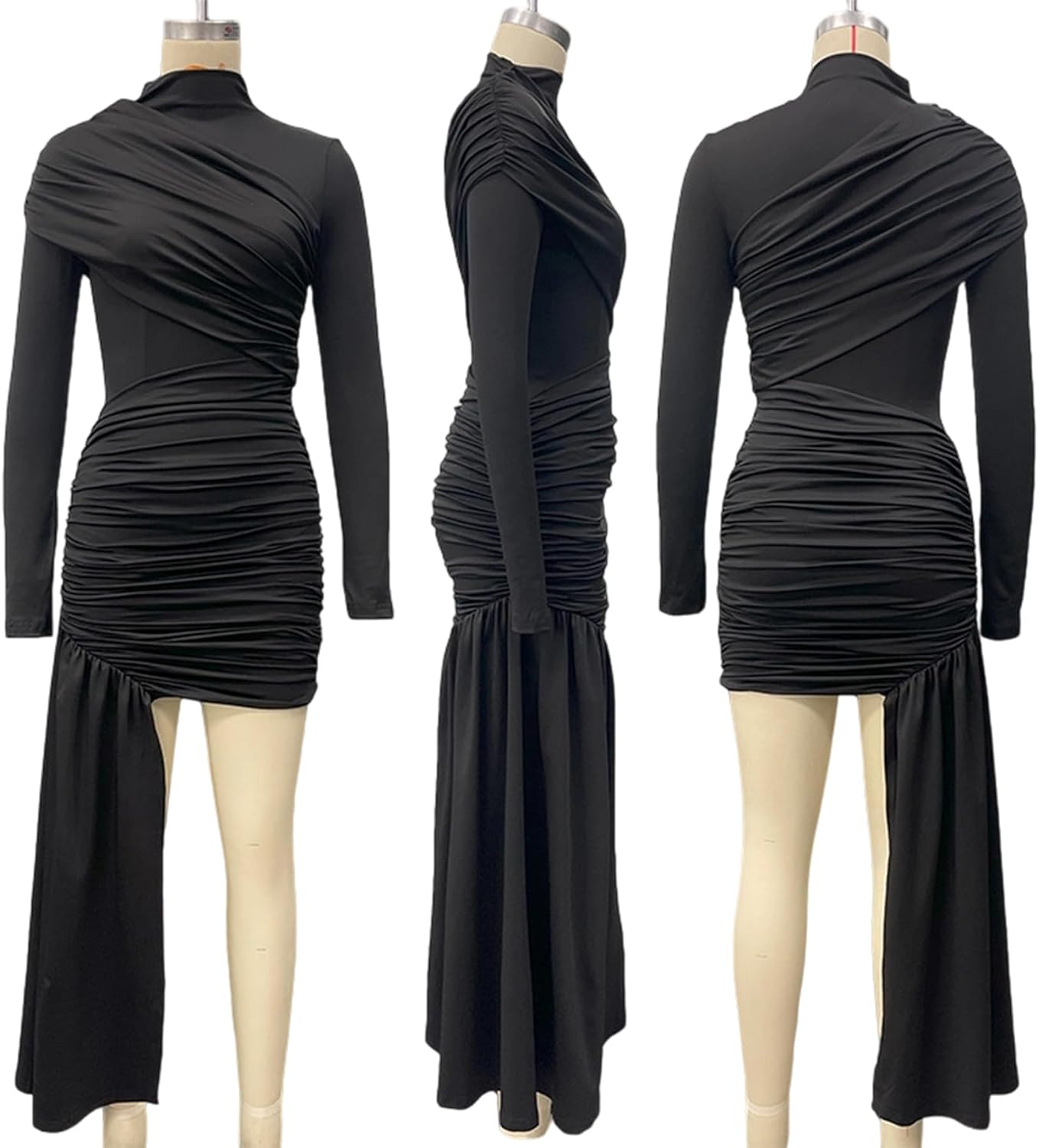 Women’s Long Sleeve Ruched Maxi Dress Sexy Irregular Elegant Bodycon Party Gowns Cocktail Long Dresses - Image 6