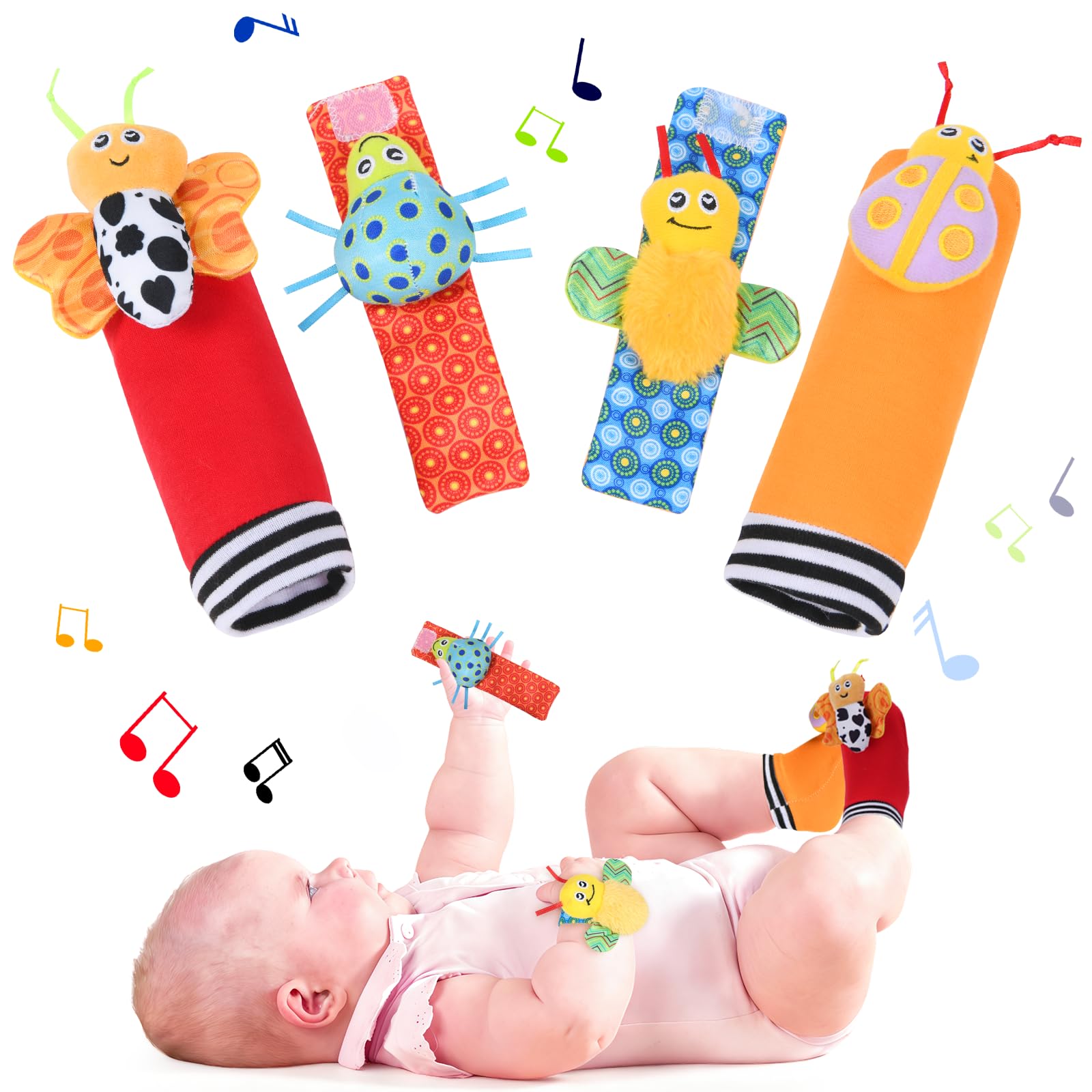 HAGOT 4 stuks rammelaar babysokken, pols-rammelsokken en voetzoeker, babyspeelgoed, educatief speelgoed voor pasgeboren tot 12 maanden