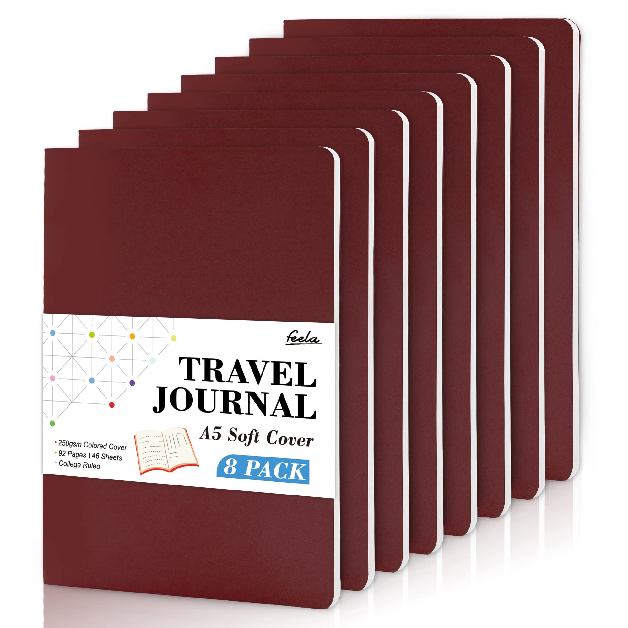 feela Lot de 8 carnets à couverture souple en vrac, carnets college ruled pour le travail, journal de voyage ligné pour homme et femme, carnet de prise de notes, fournitures scolaires, écriture