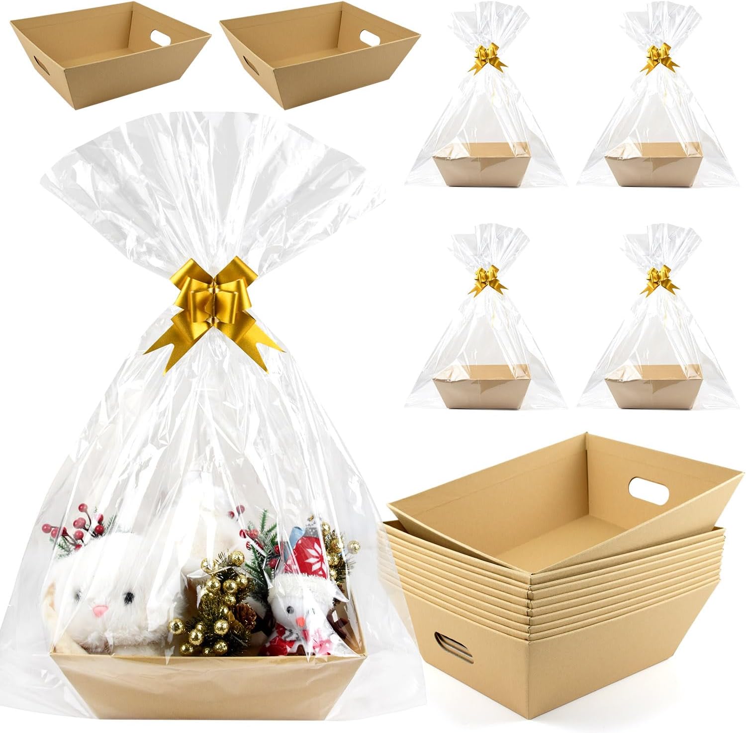 CDIVEFTN 10 Pack Empty Gift Baskets with Bags and Bows, Large Kraft Gift Basket 12x10in, Sturdy Gift Baskets Empty to Fill, Bulk Baskets for Gifts, Easter Basket, Christmas Gift Boxes Bulk (Kraft)