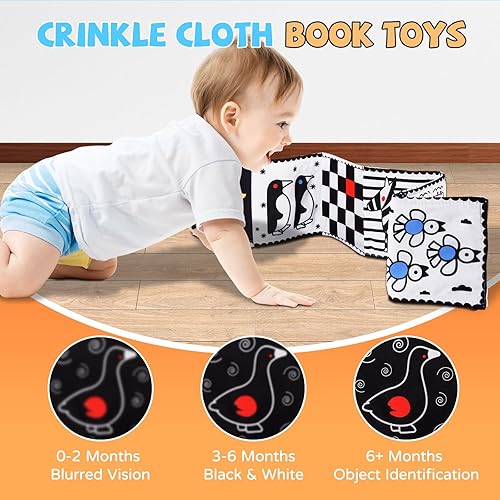 Miniatura 3 de Libro de alto contraste en blanco y negro, juguetes para bebés de 0 a 6 meses, libro de tela para bebé, juguetes para el tiempo boca abajo, juguetes