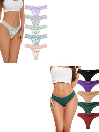 voenxe Women Lace Thong 5 Pack and 5 Pack Women Cotton Thongs