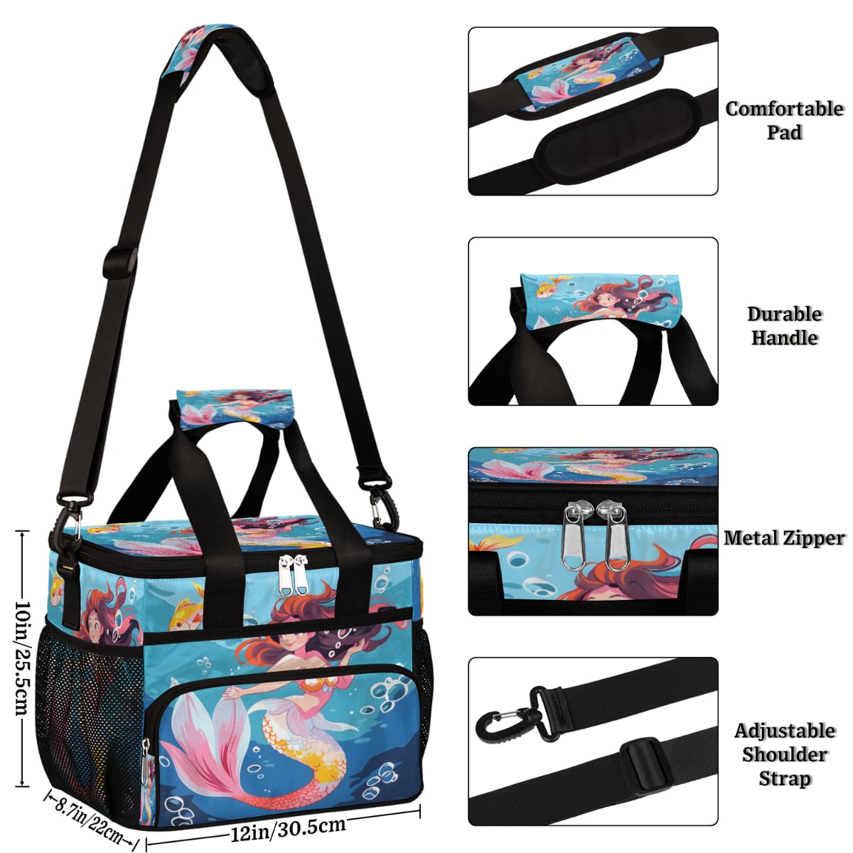Little Fish Insulated Picnic Backpack Lunch Box for Women Men Picnic Basket Tote Lunch Bag Picnic Bag Portable Lunch Bags for Picnic, Beach, Work, Trip,Office, Camp Cute Mermaid