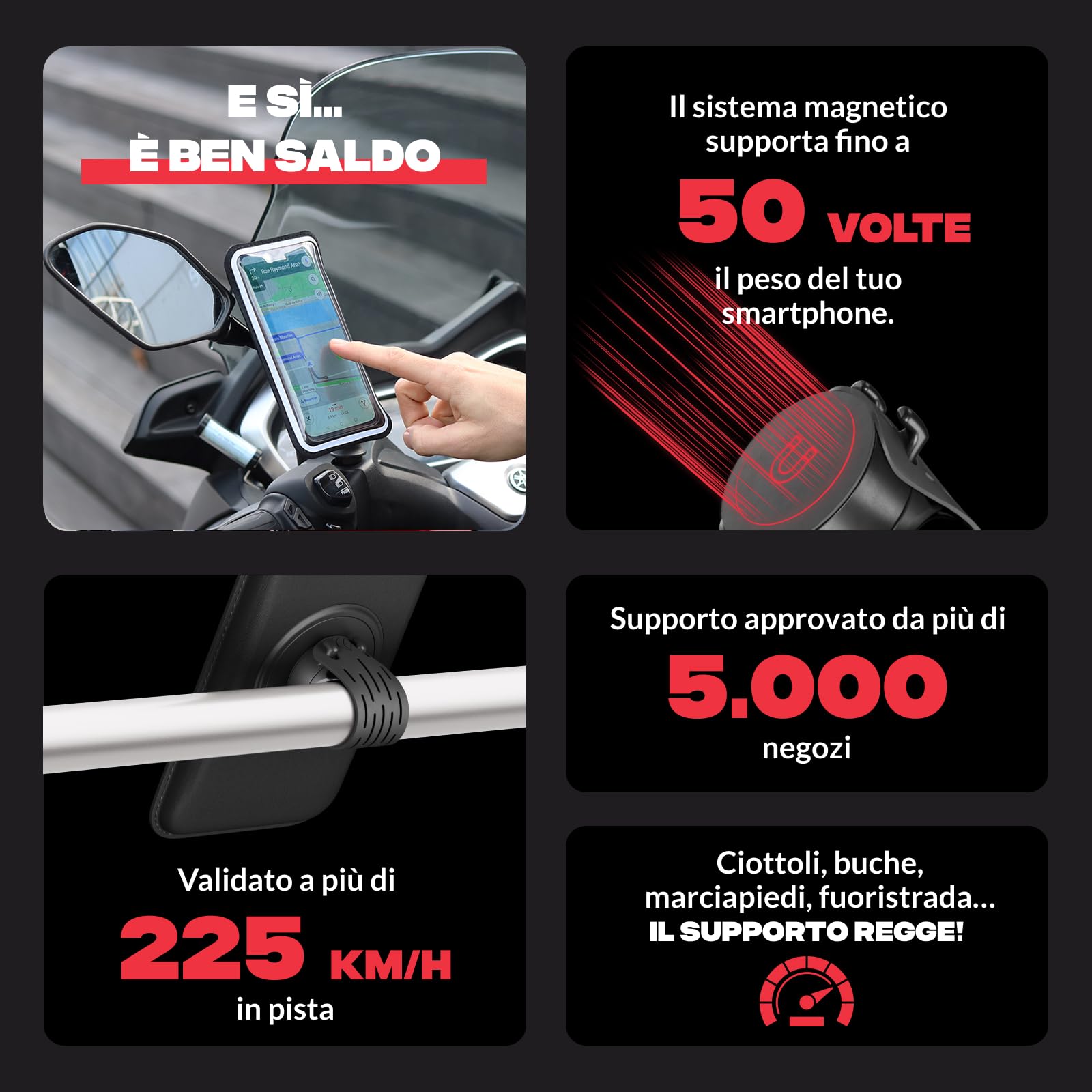 Shapeheart - Porta cellulare scooter specchietto antivibrazioni. Supporto telefono scooter impermeabile con tasca magnetica, fino a 250 km/h. 100% universale. Porta telefono scooter per retrovisore