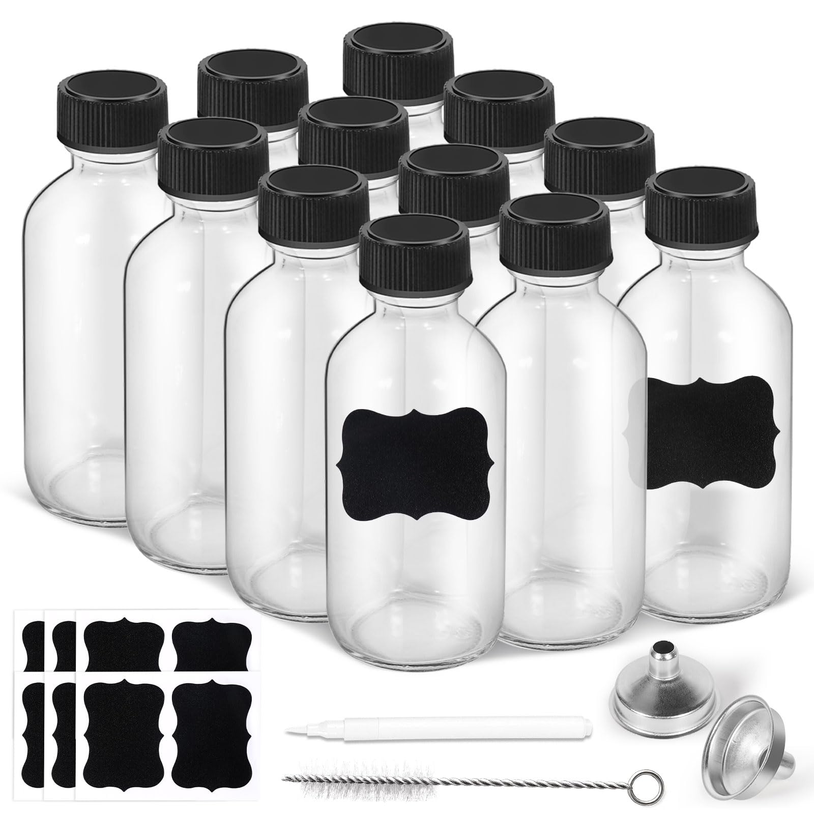 Photo 1 of **SOLD AS IS NO REFUND/RETURN** SEE COMMENTS!~
2oz Small Clear Glass Bottles with Lids, 2 Stainless Steel Funnel, 12 Labels, 1 Chalk Marker, 1 Brush - Reusable Boston Bottle for Juice, Ginger Shot, Wellness, Oils, Liquids, Leakproof Travel Bottle