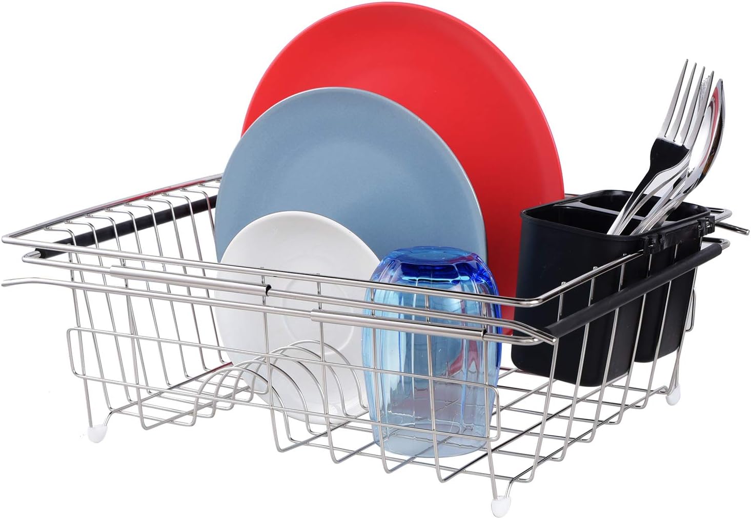Dailyart in Sink Dish Drying Rack, Expandable Dish Drying Rack Over The Sink, 304 Stainless Steel Dish Rack Dish Drainer in Sink or On Counter with Black Utensil Silverware Holder,13.86"x11.69"x4.92"