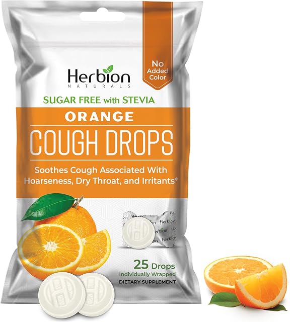Herbion Naturals Sugar-Free Cough Drops with Natural Orange Flavor, Soothes Sore Throat, for Adults & Children 6 Years and Above, 25Ct