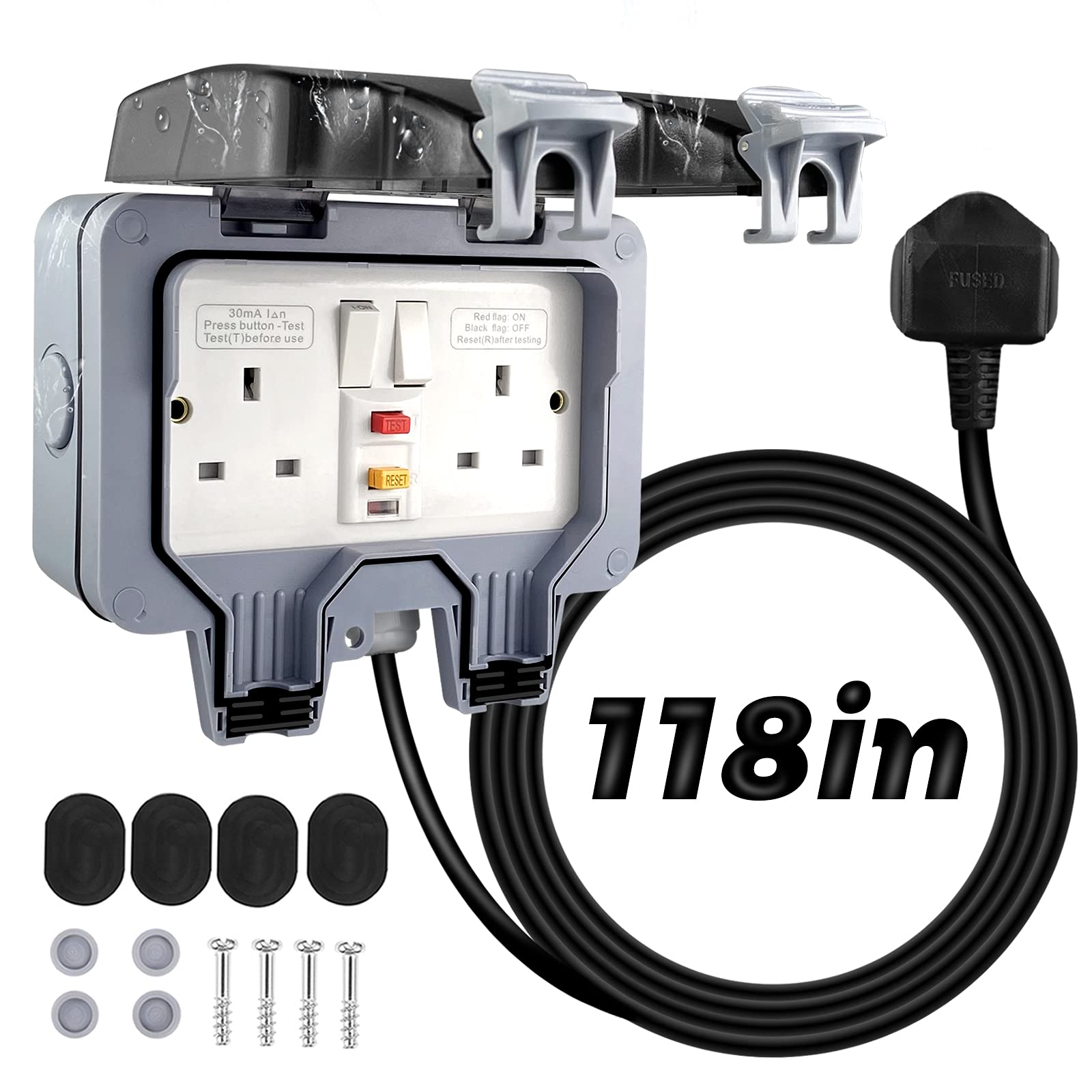 Gniazda zewnętrzne RCD z przedłużaczem 3 m / 10 stóp, 2-drożny RCD odporne na warunki atmosferyczne burza zewnętrzne gniazda wtykowe wodoodporne elektryczne ściana podwójne przełączane 13 A IP66