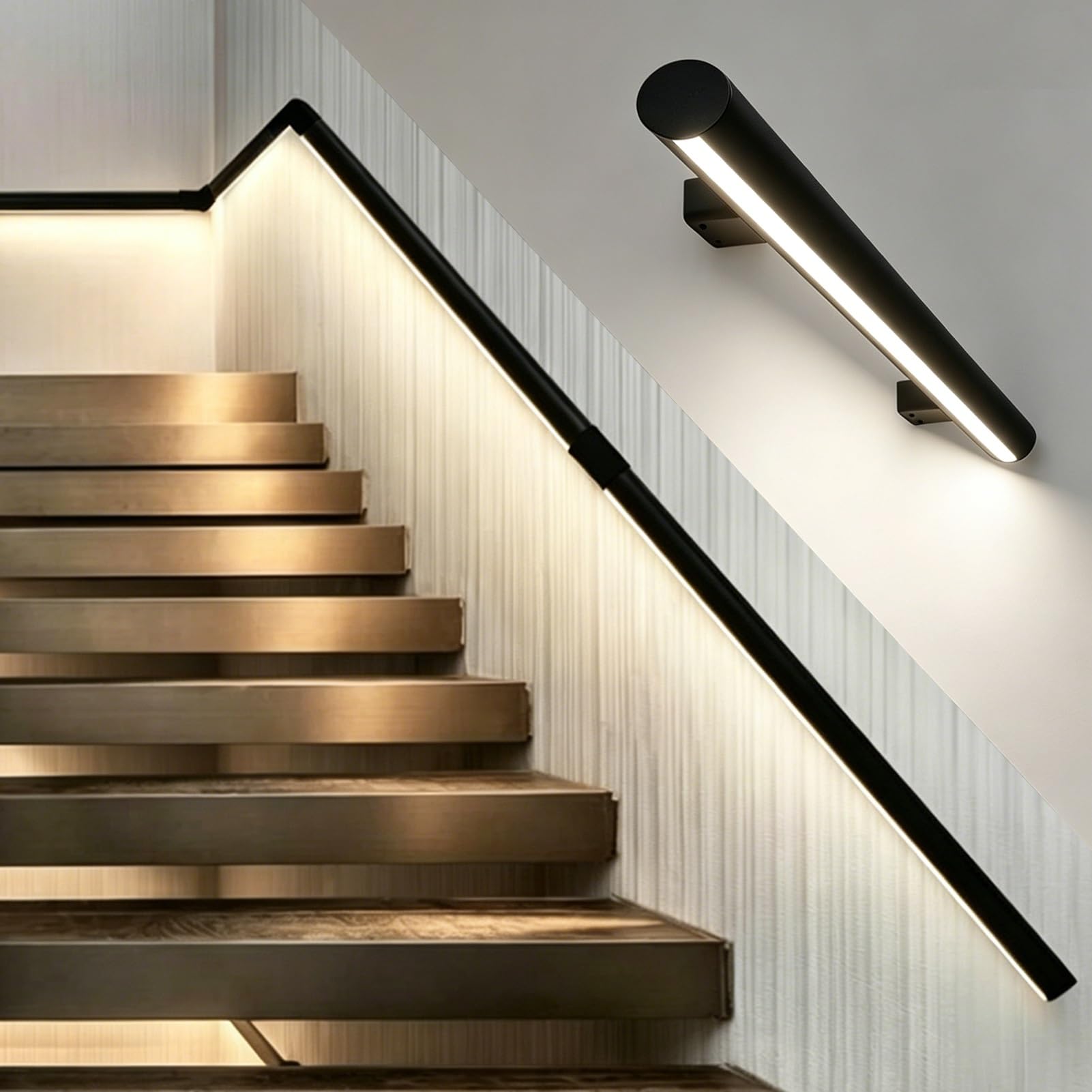 Motion Activated Illuminated Stair Handrail for Loft Porch, Heavy Duty LED Lighting Staircase Rails, Safe Night Walking Aluminum Support Bar(Right Natural Light,2.3ft/0.7m)