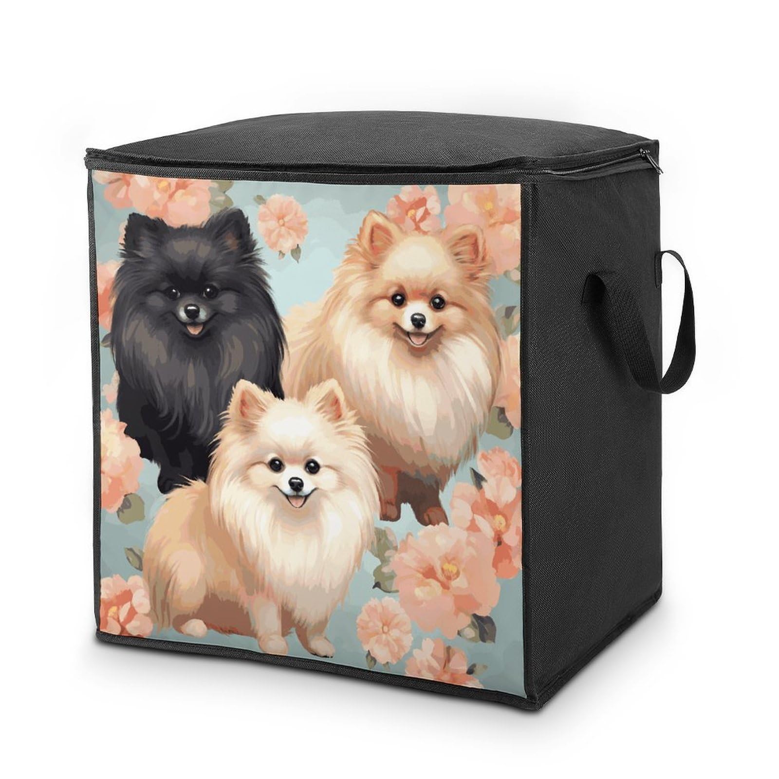 Pomeranians Pattern Storage Bag with Zippers And Handle Extra Large Bedding Comforter Storage Bag Foldable Blanket Storage Bags Fabric Moving Bags for Closet Organizer (70L)