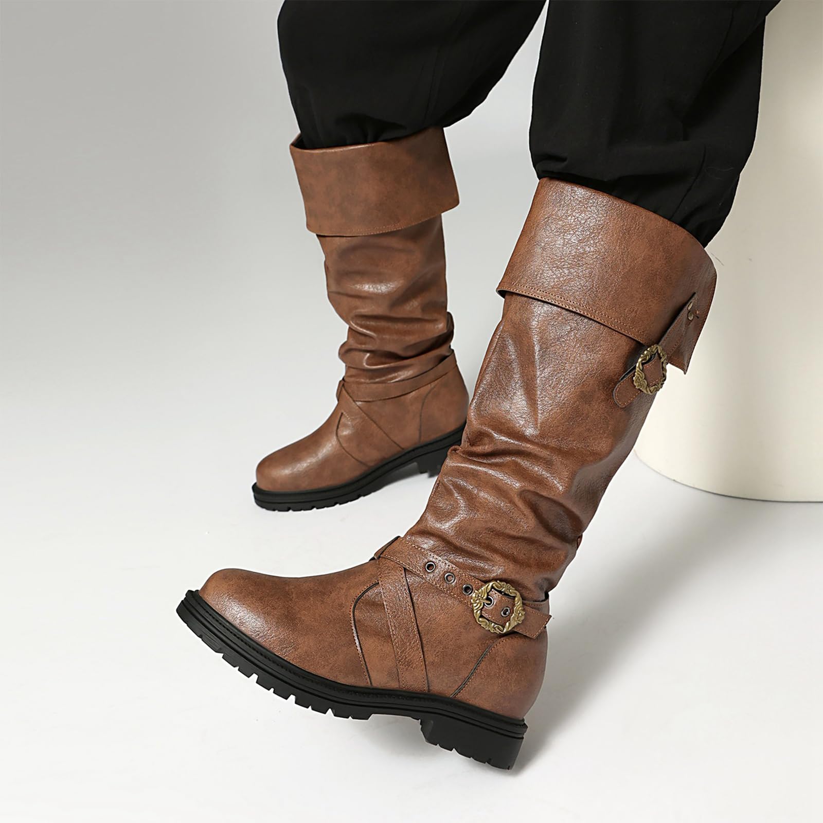 Stivali Alti Donna Stivali Equitazione da Infilare Fibbia Scarpe Autunno