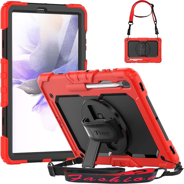 Timecity Case for Samsung Galaxy Tab S8+ Plus/ S7 FE 12.4 inch, Shockproof Protective Cover with Screen Protector, Rotating Hand Strap Stand, Pencil Holder for Galaxy Tab S8 Plus/ S7 FE, Red