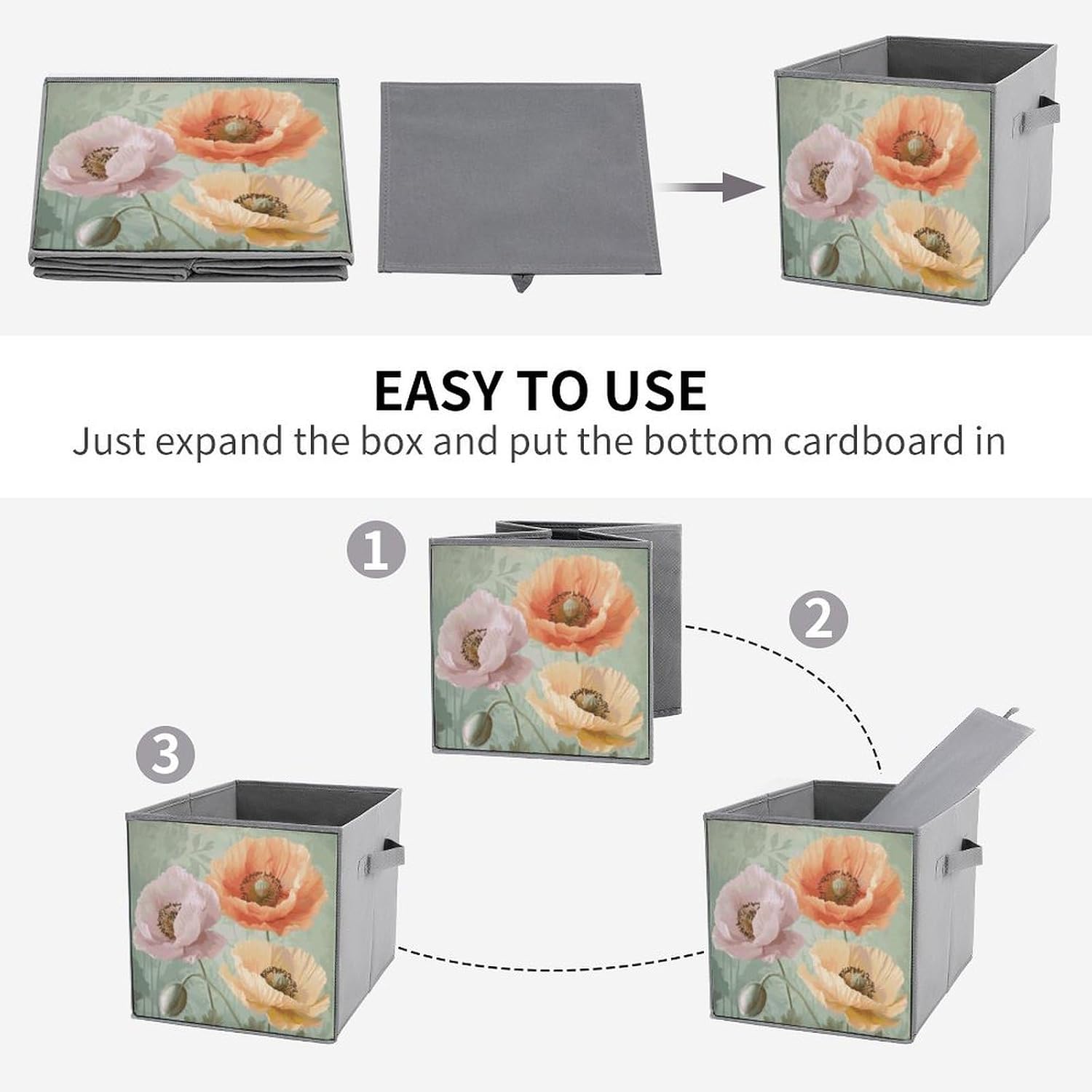 Pastel Poppies Storage Cubes Set of 6 Storage Bins with Handles Collapsible Storage Basket Fabric Storage Box for Shelves Large Closet Shelf Organizer for Organization 11 Inch