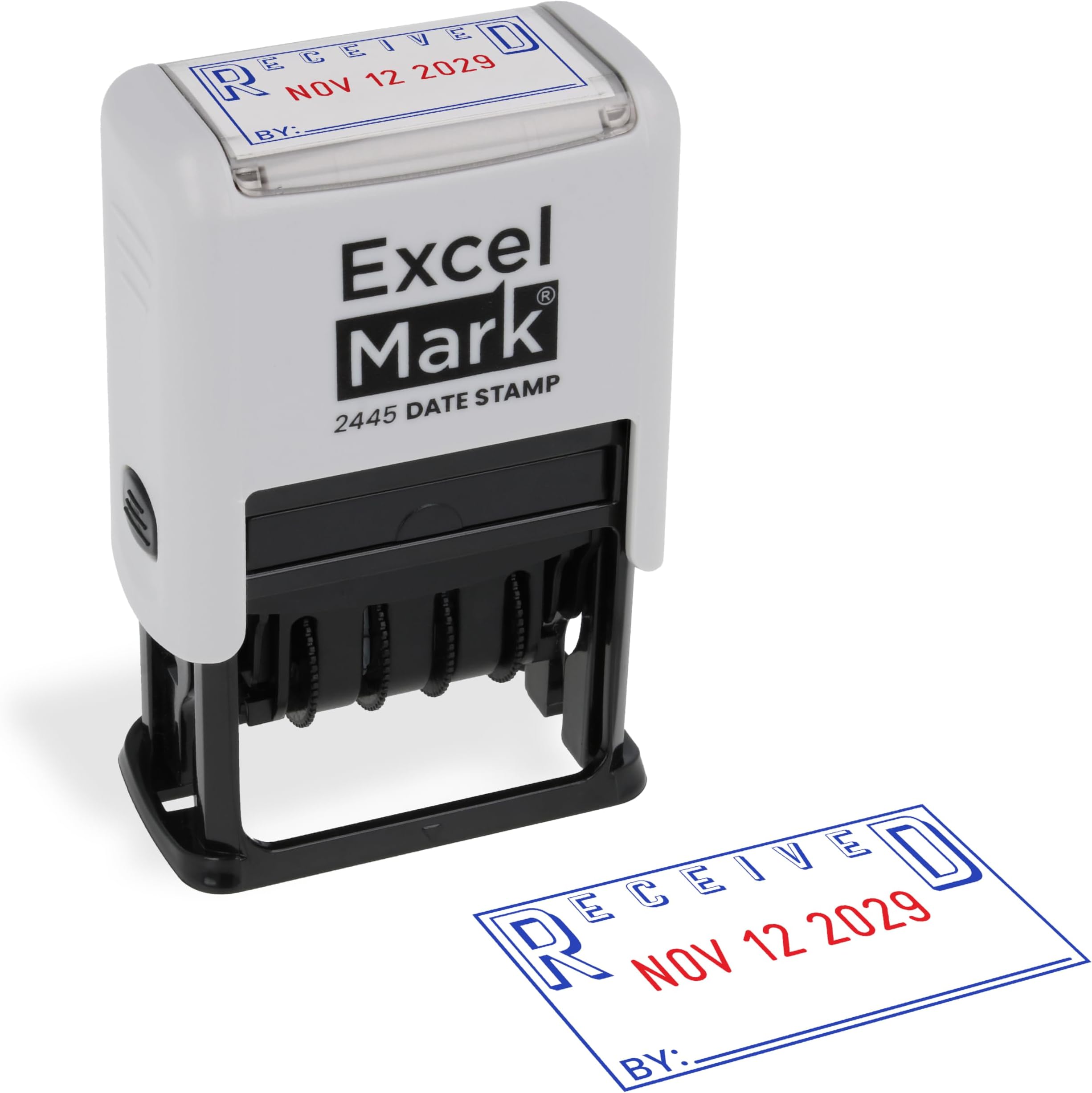 ExcelMark 2445 Date Stamp with Text - Blue and Red Ink (Gray Mount, Received)