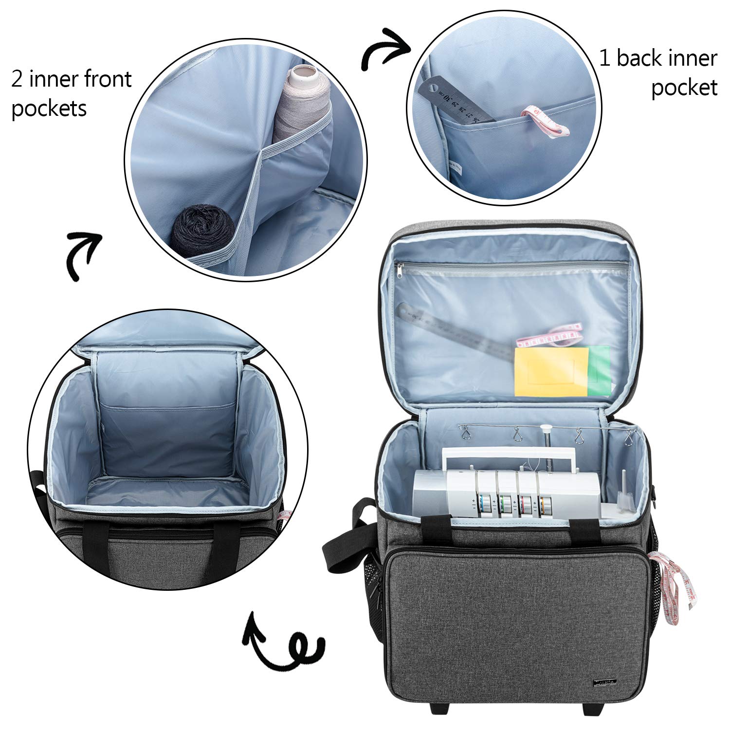 Luxja Bolsa para Remalladora con Trolley Desmontable, Maleta para Overlock, Bolsa Trasporte para Maquina Overlock y Accesorios, Gris