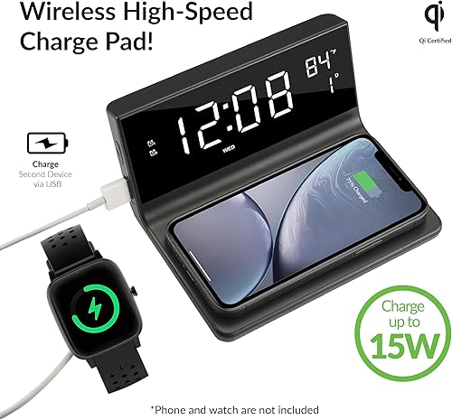 Miniatura 5 de Supersonic SC-6025QI - Reloj despertador dual con cargador inalámbrico, reloj inteligente con calendario, temperatura ambiente, pantalla LED y carga