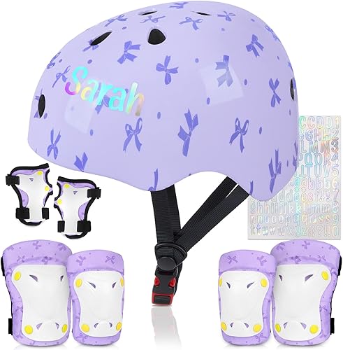Miniatura 8 de Casco para niños, casco de bicicleta para niños pequeños con pegatinas DIY Unicornio, rodilleras y coderas ajustables, juego de protección