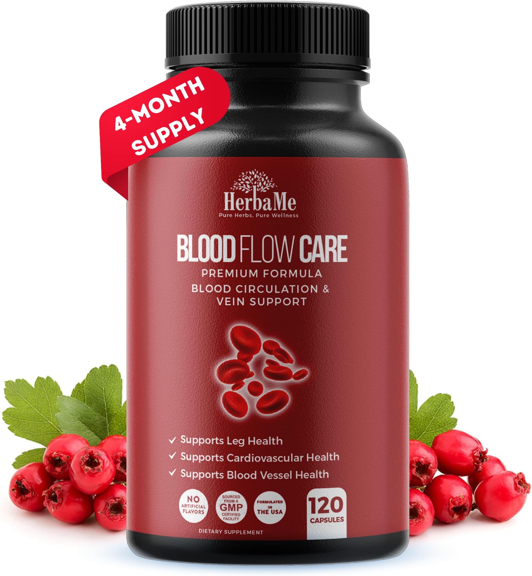 HerbaMe Blood Circulation Supplement, 120 Capsules, Supports Leg Vein, Heart, Vessels and Cardiovascular Health with Niacin, L-Arginine, Ginger, Cayenne Pepper, Hawthorn, Diosmin, Blood Flow Pills