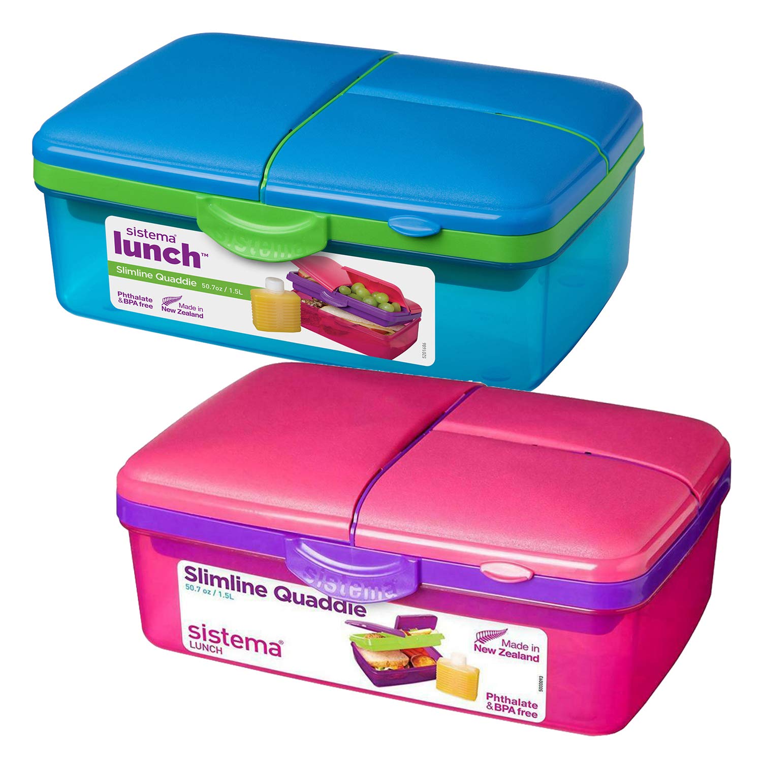 Sistema 1.5L 1.5 Litre 50.7oz Slimline Quaddie Lunchbox - Pink & Blue, Set of 2 - Phthalate & BPA Free.