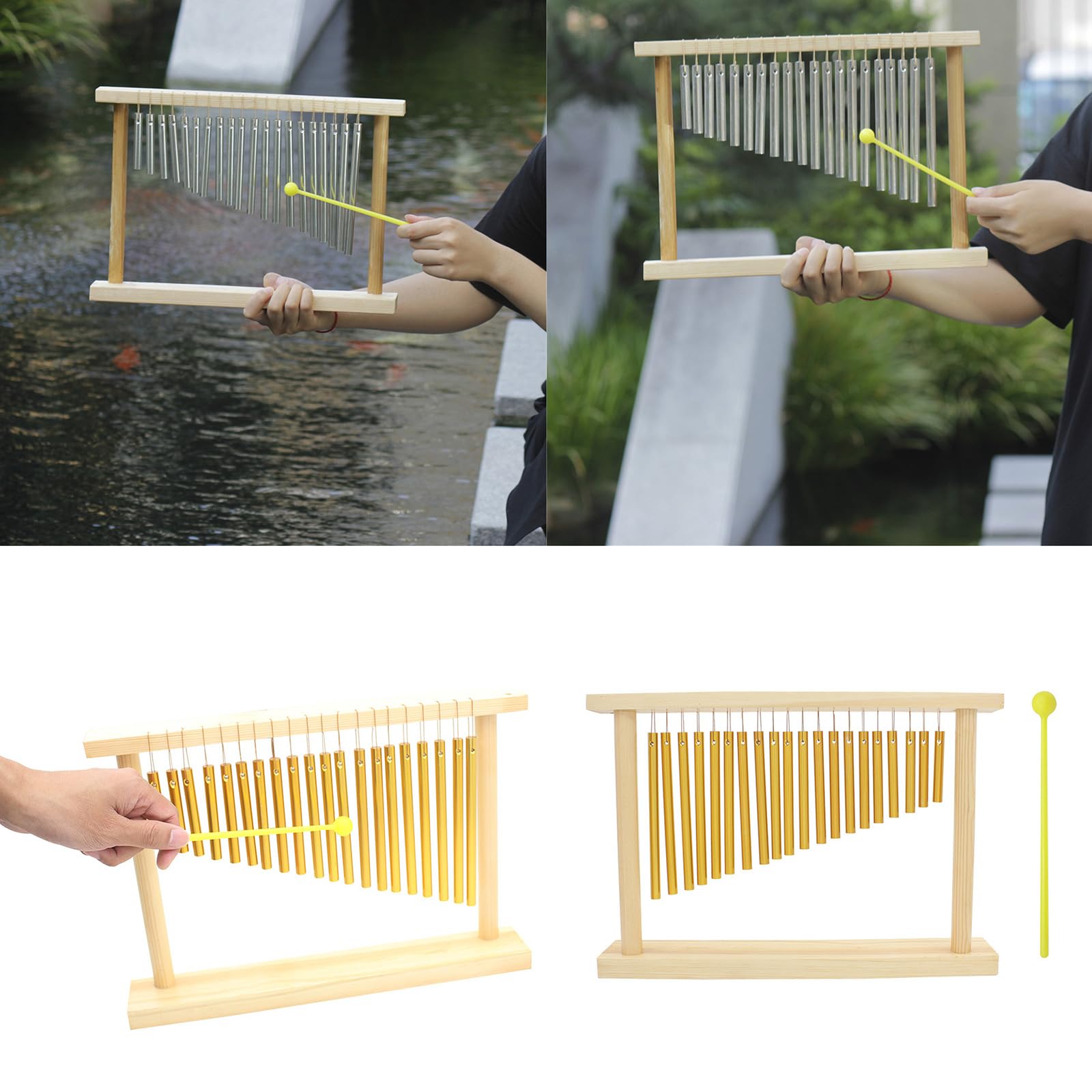Mesa de campanillas musicales, práctica, textura de aluminio y madera, adecuada para estudio y percusión de aleación de aluminio en vivo, vientos de percusión