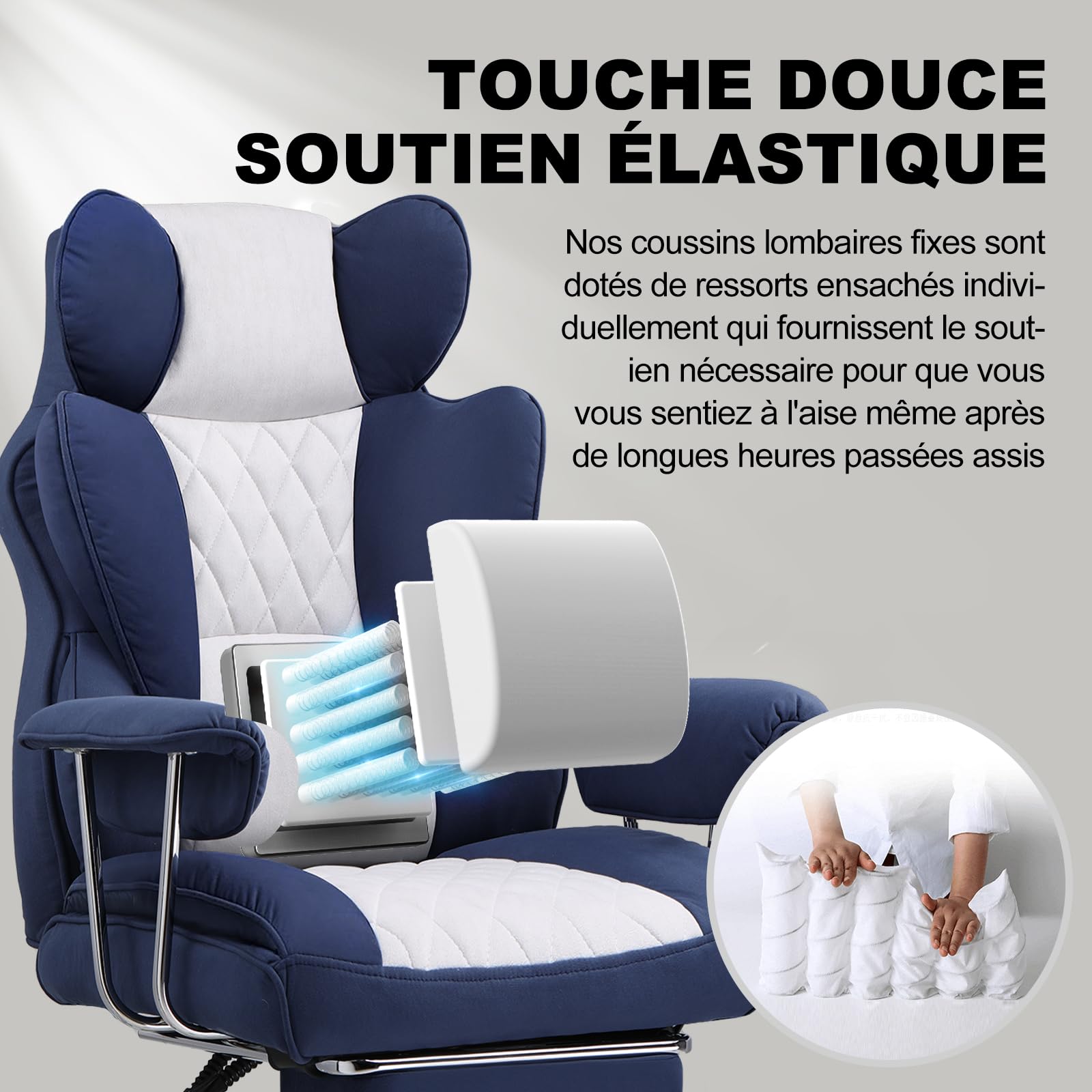 GTPLAYER Chaise Gaming, Chaise Gamer, siège Large accoudoirs, Repose-Pieds, Hauteur réglable, Supporte 150 kg, Bleu-Blanc
