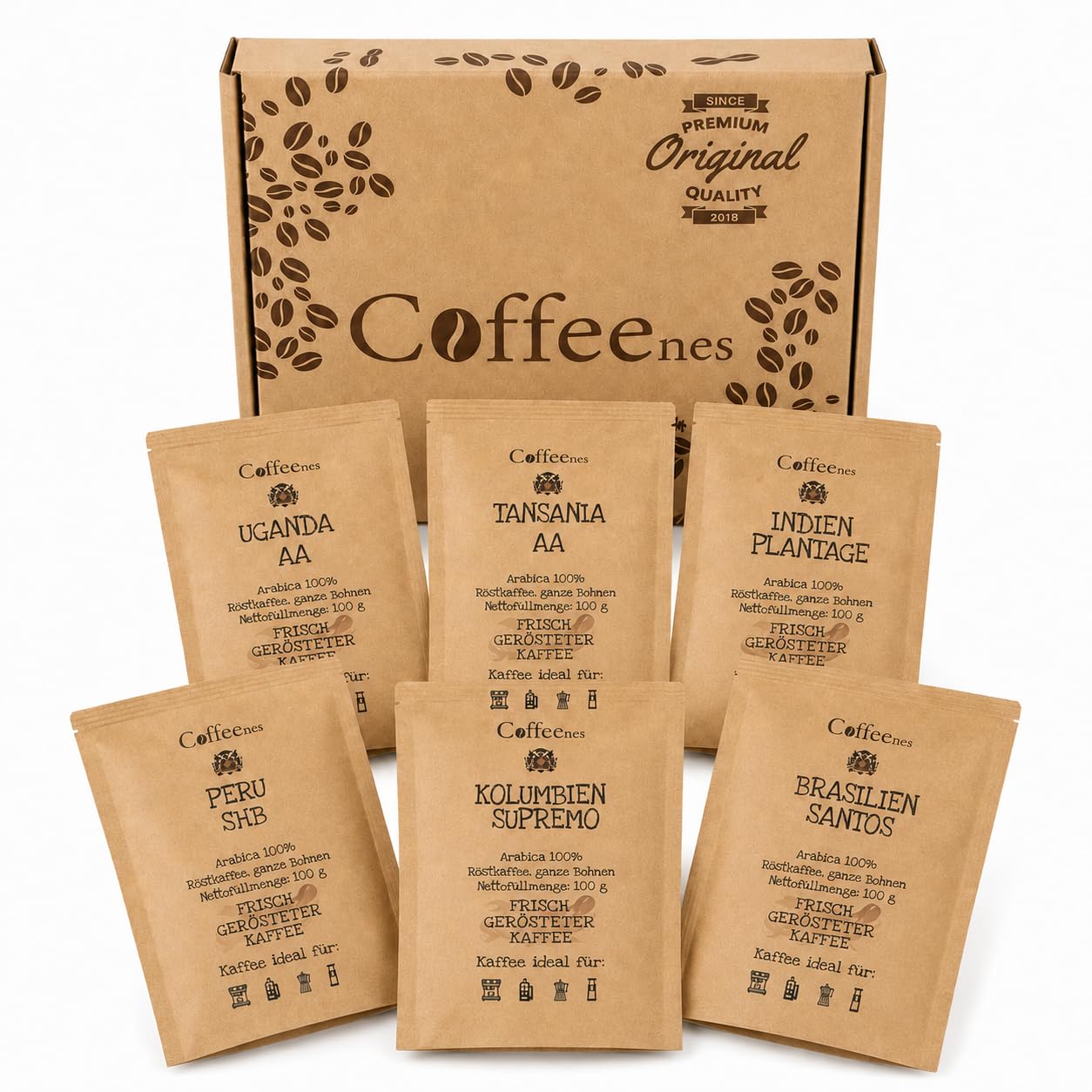 Set regalo de café 6 x 100 g – Degustación de café en grano de 6 países | Arábica de origen único del mundo, para cafeteras automáticas | Regalo para amantes del café, hombres y mujeres | Coffeenes