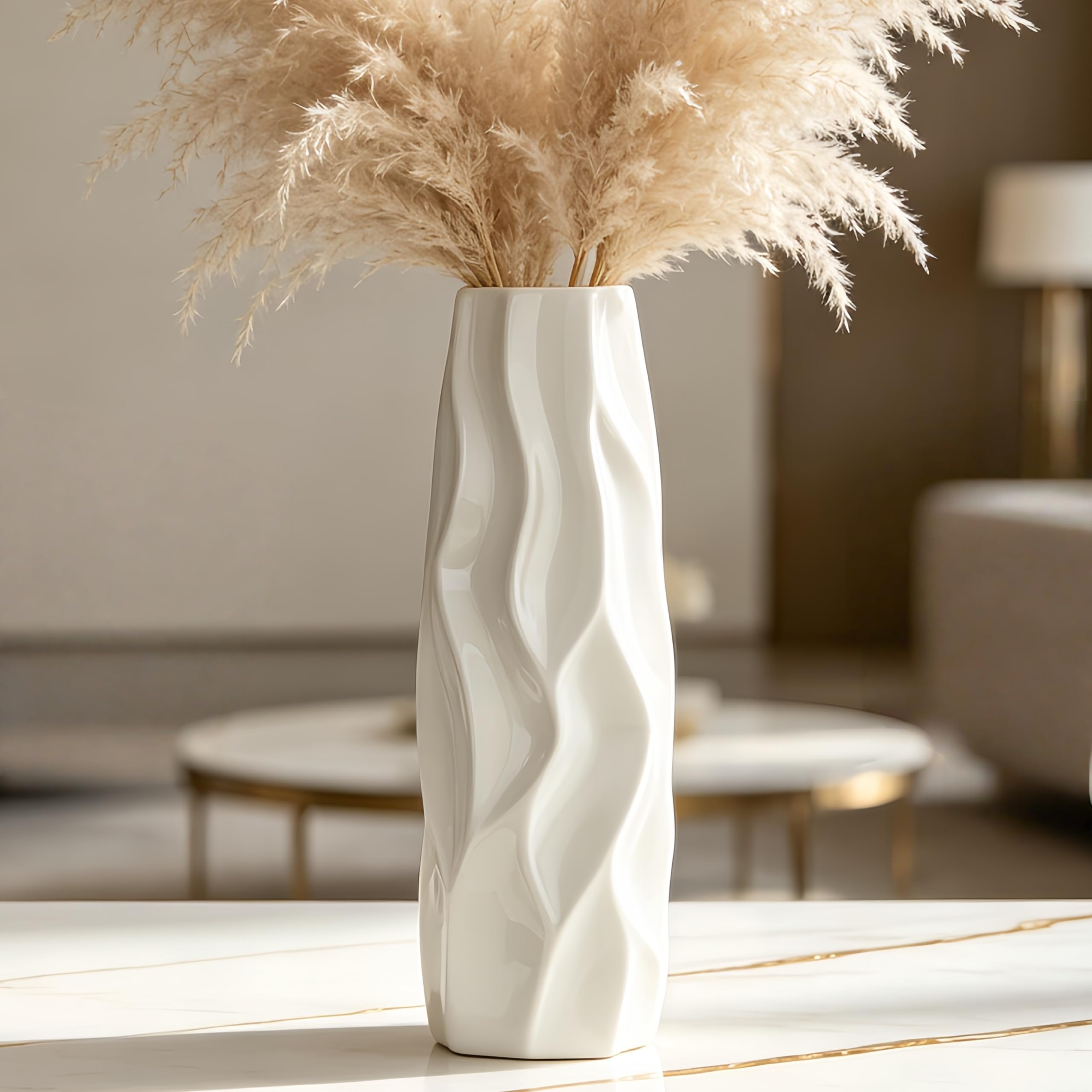 DJYY 12 Inch White Ceramic Vase, Tall Decorative Flower Vase for Pampas Grass,Home Decor,Table Centerpieces，Modern Textured for Living Room