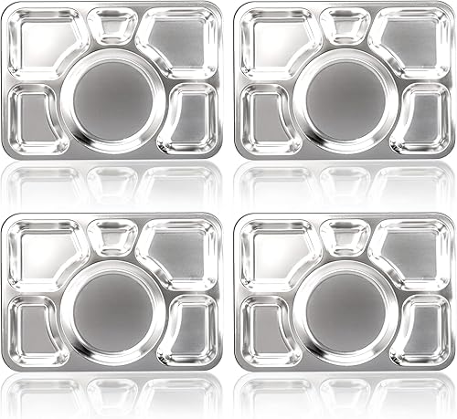 Hacaroa Paquete de 4 platos llanos divididos de acero inoxidable, plato de servir aperitivos de 15 x 10.6 pulgadas con 6 compartimentos, bandejas de