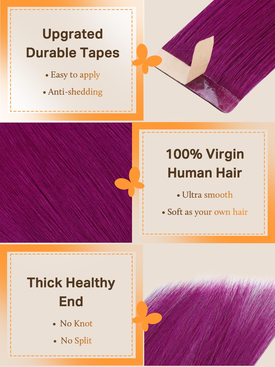 DOORES Tape in Hair Extensions Human Hair, Violet, 14 inches 10pcs 25g, HIGHLIGHT or SUPPLEMENT - Image 3