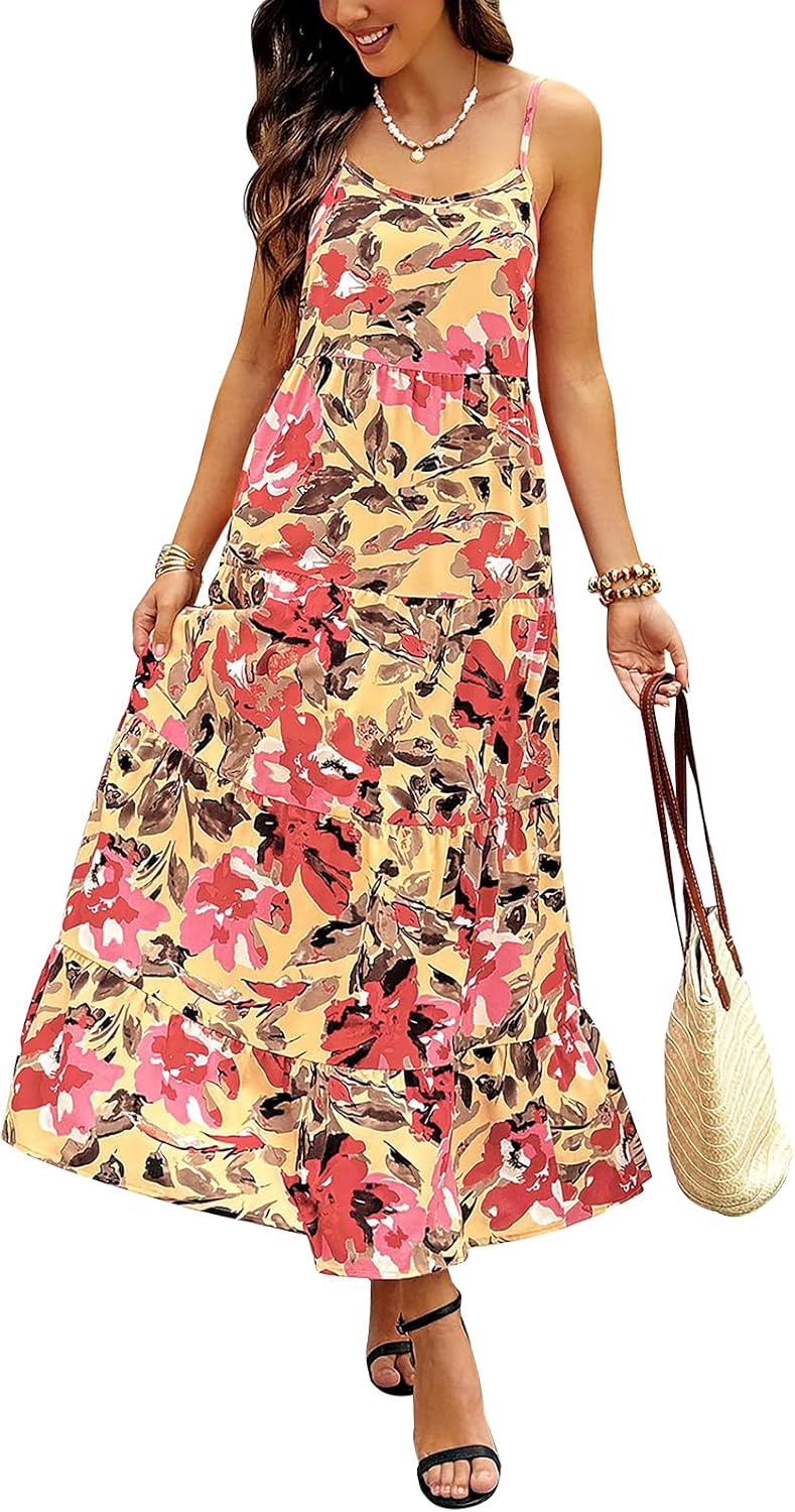 PRETTYGARDEN Women Summer Dresses 2026 Spaghetti Strap Scoop Neck Floral Maxi Dress Flowy Boho Long Sundress with Pockets