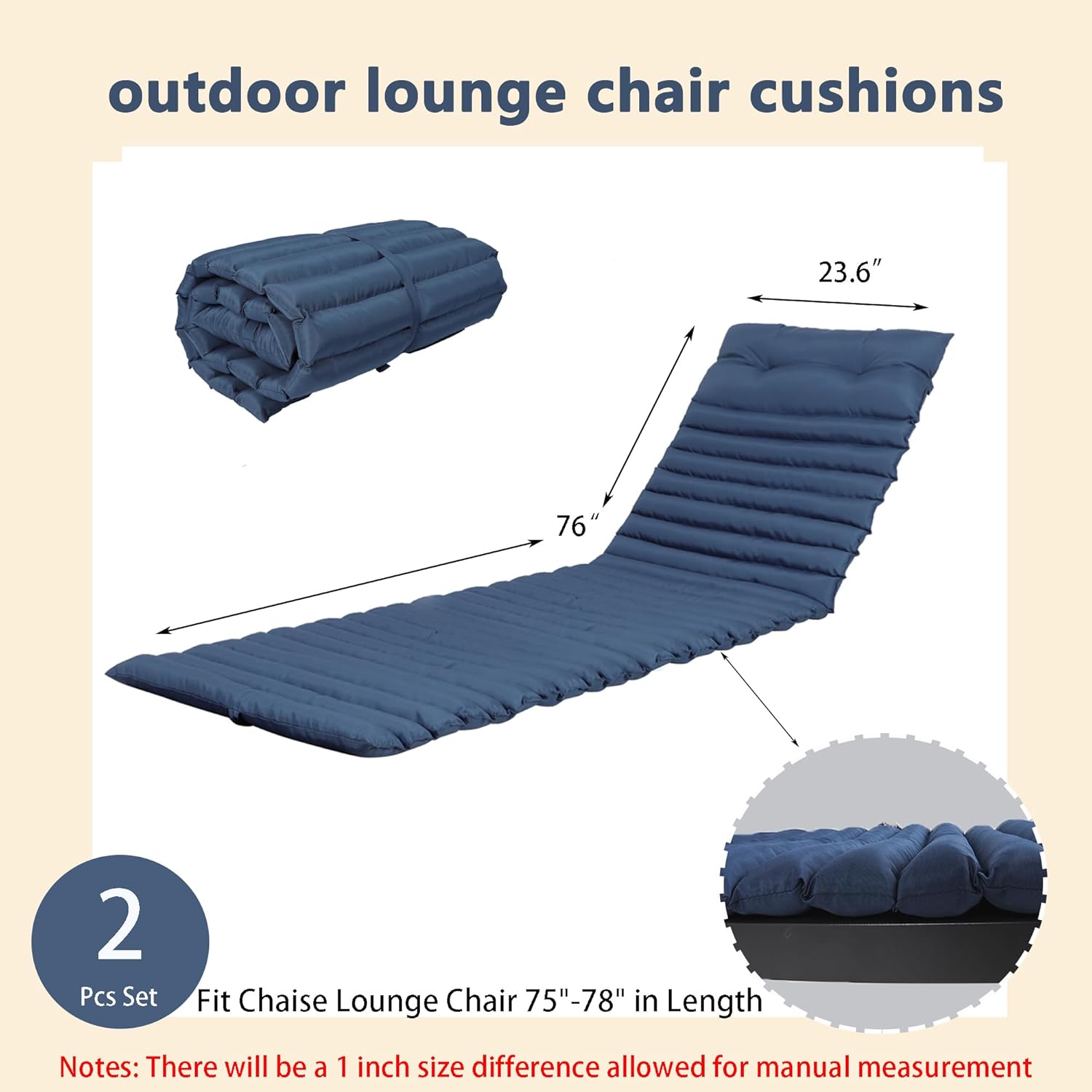 Chaise Lounge Cushions Outdoor Waterproof,Lounge Chair Cushion for Outdoor Furniture, Patio Foldable Chaise Cushions for Garden Pool 76 * 23inch (Navy Blue, 2-Pcs Set)