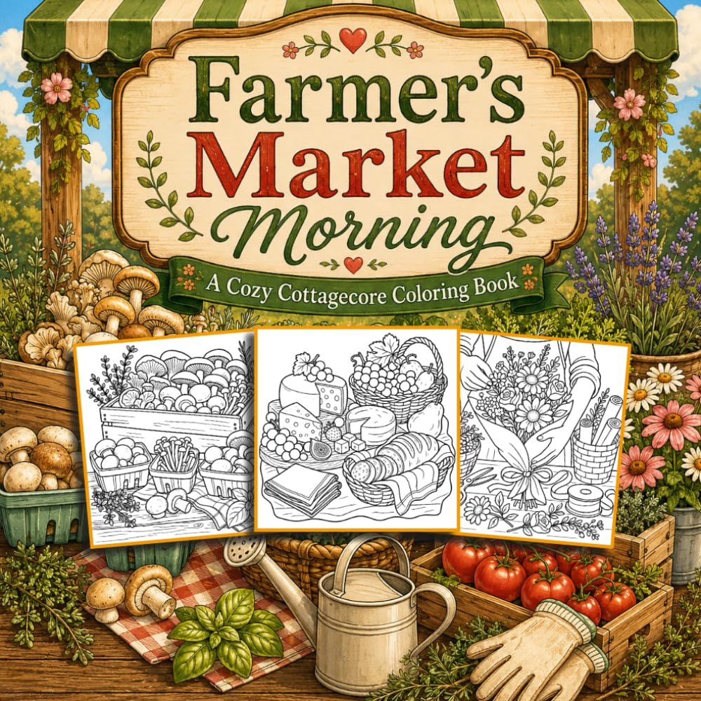 Farmer’s Market Morning: A Cozy Cottagecore Coloring Book with Fresh Produce, Flowers, Baskets, Bread, and Market-Inspired Scenes