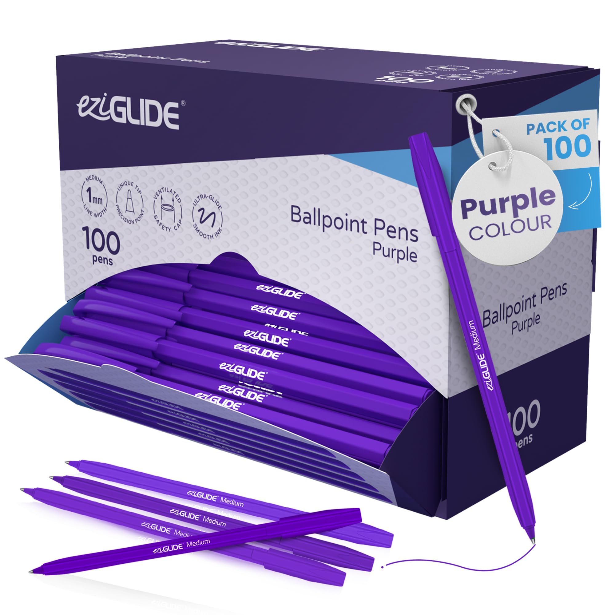 Eziglide 10-Pack Ballpoint Purple Pen Set - Medium Point 1.0mm for Effortless Writing & Comfortable Grip - Ball Point Pens Ideal for School, Exams, Home or Work Stationery Supplies — view 19