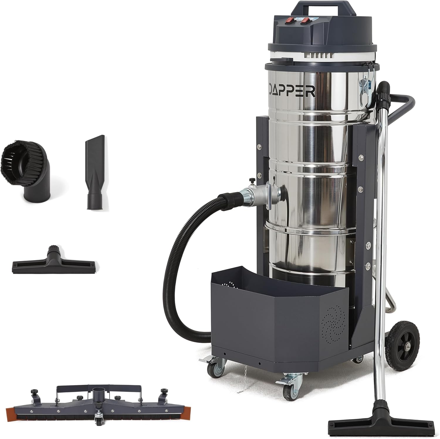 26.5 Gallon Heavy-Duty Industrial Wet/Dry Vacuum, Dual Motor, 3.3 HP, 222 CFM, 27" Squeegee, 120V/20A Plug, 2 Year Warranty - Ideal for Construction Sites, Warehouses & Industrial Cleanup