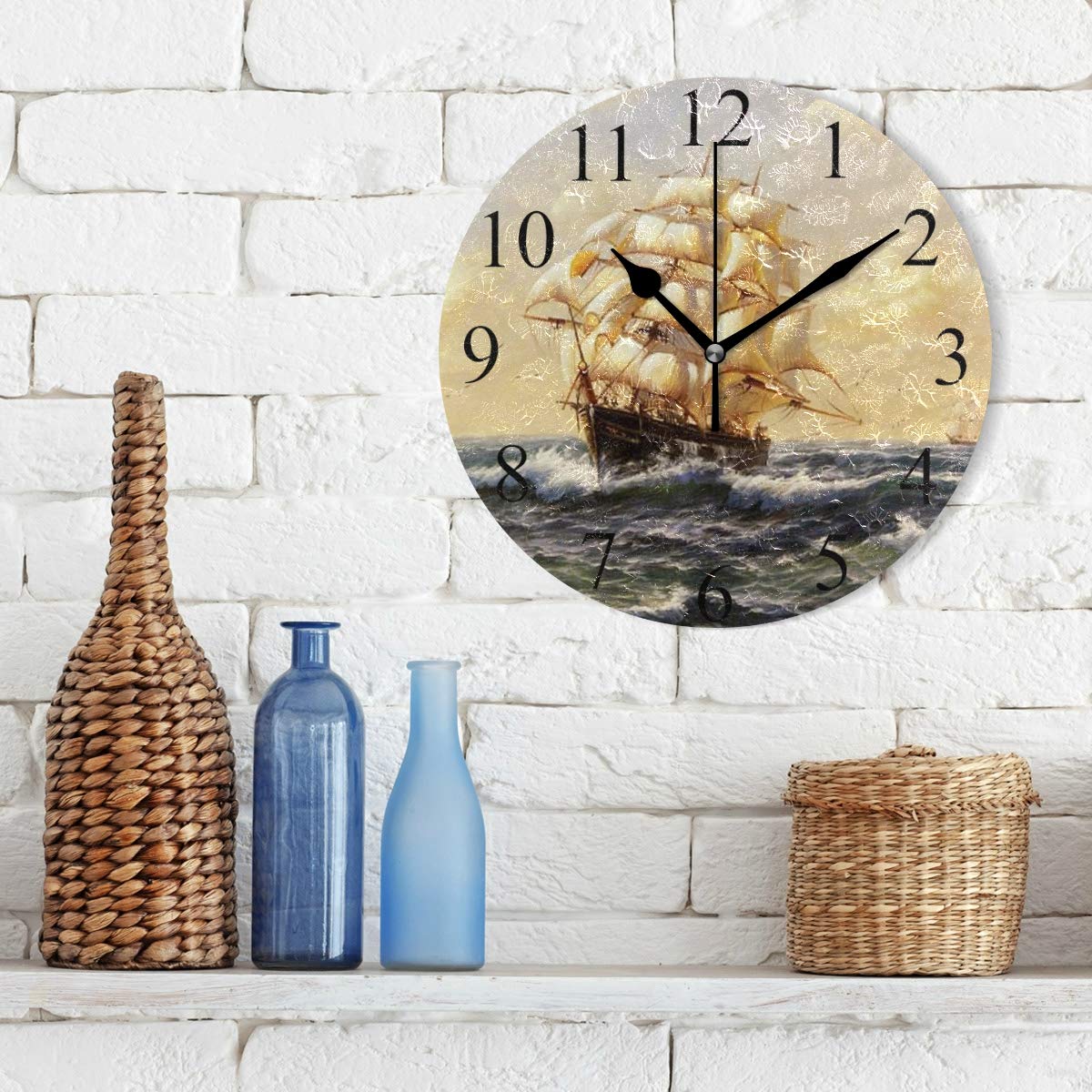 Wamika Round Wall Clock Vintage Pirate Ship Sailing Sea Ocean Clocks Silent Non Ticking Wall Decorative, Boat Nautical Theme Clocks 10 Inch Battery Operated Quartz Quiet Desk Clock for Home Decor