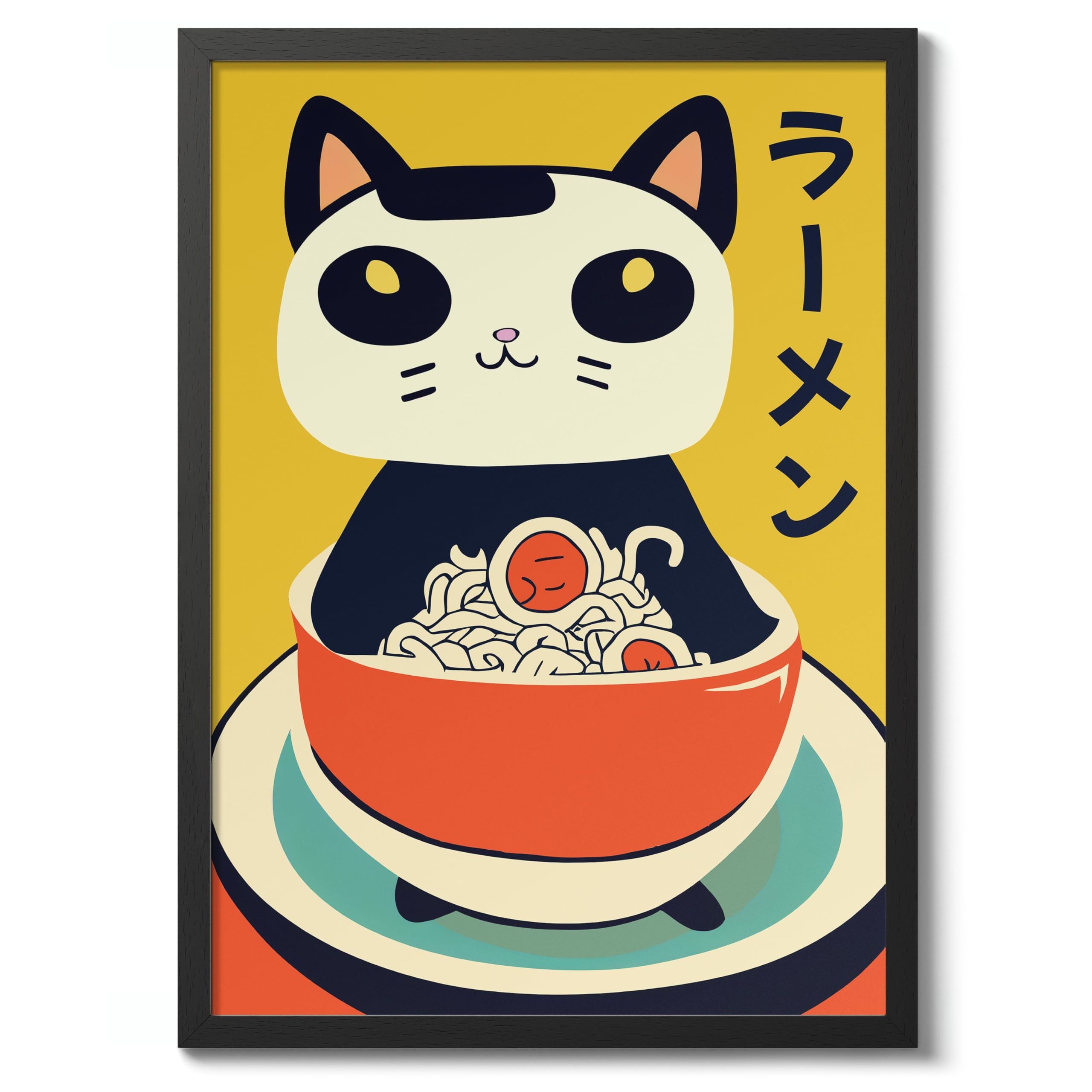 Ramen Cat Anime Woodblock Poster Modern Woodblock Print, Cartoon Manga Kitten Wall Art Decor, Modern Japanese, Cat Lovers, A1 (Black Frame) - 86.9x62.4cm