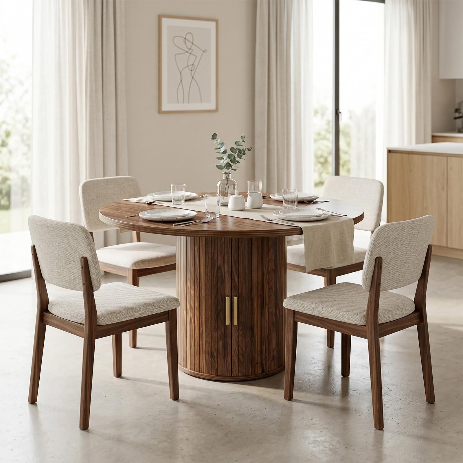 Runder Esstisch Ausziehbar,Holz Küchentisch für 4–6 Personen | Moderner Esszimmertisch mit zylindrischem Sockel,Walnussbraun (nur Tisch)