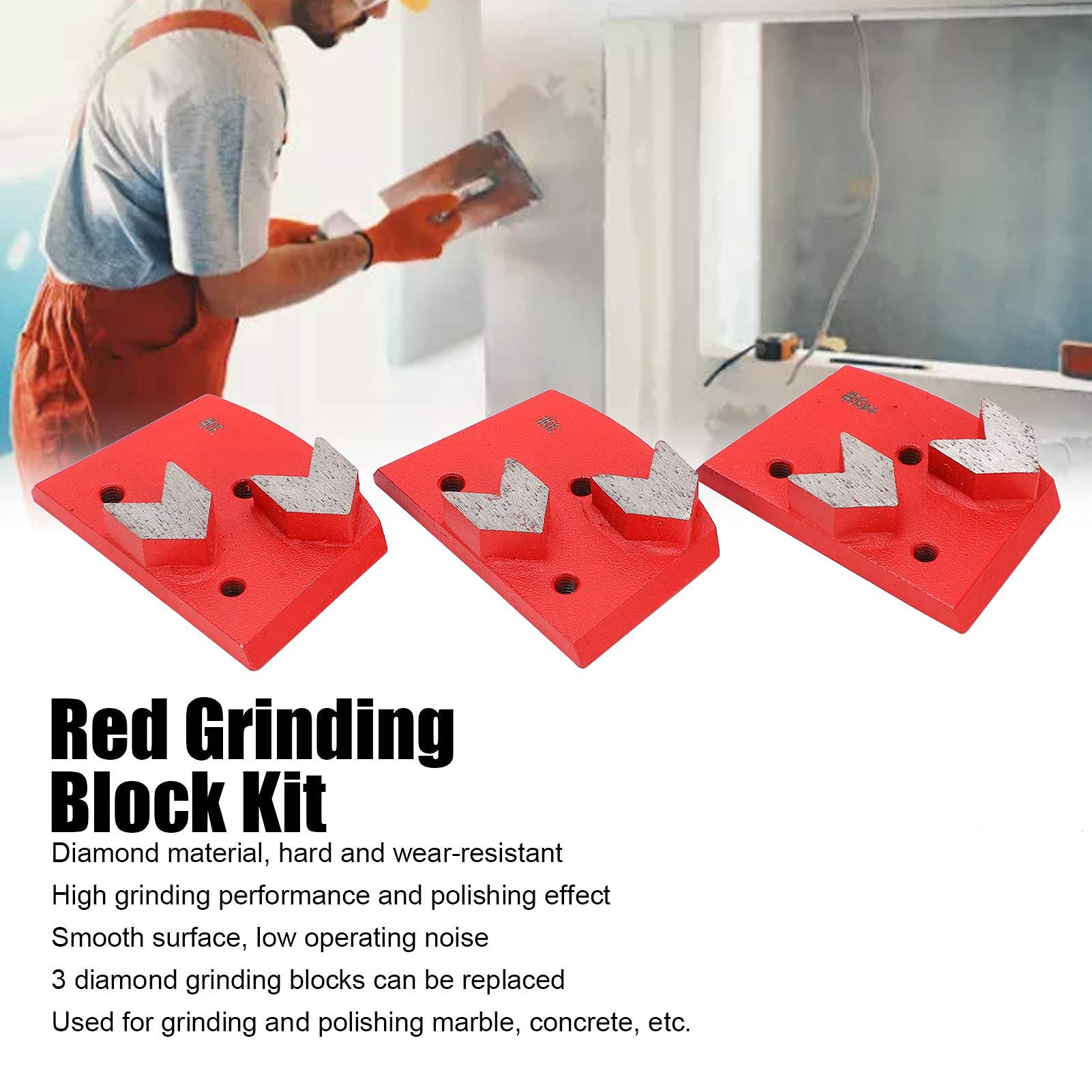 Disque de Meulage Diamant Trapézoïdal à 2 Dents, 3 Pièces Bloc de Meulage de Disque de Polissage de Sol pour la Coupe du Béton Accessoire de Meuleuse pour Sol de Meuleuse, Rouge